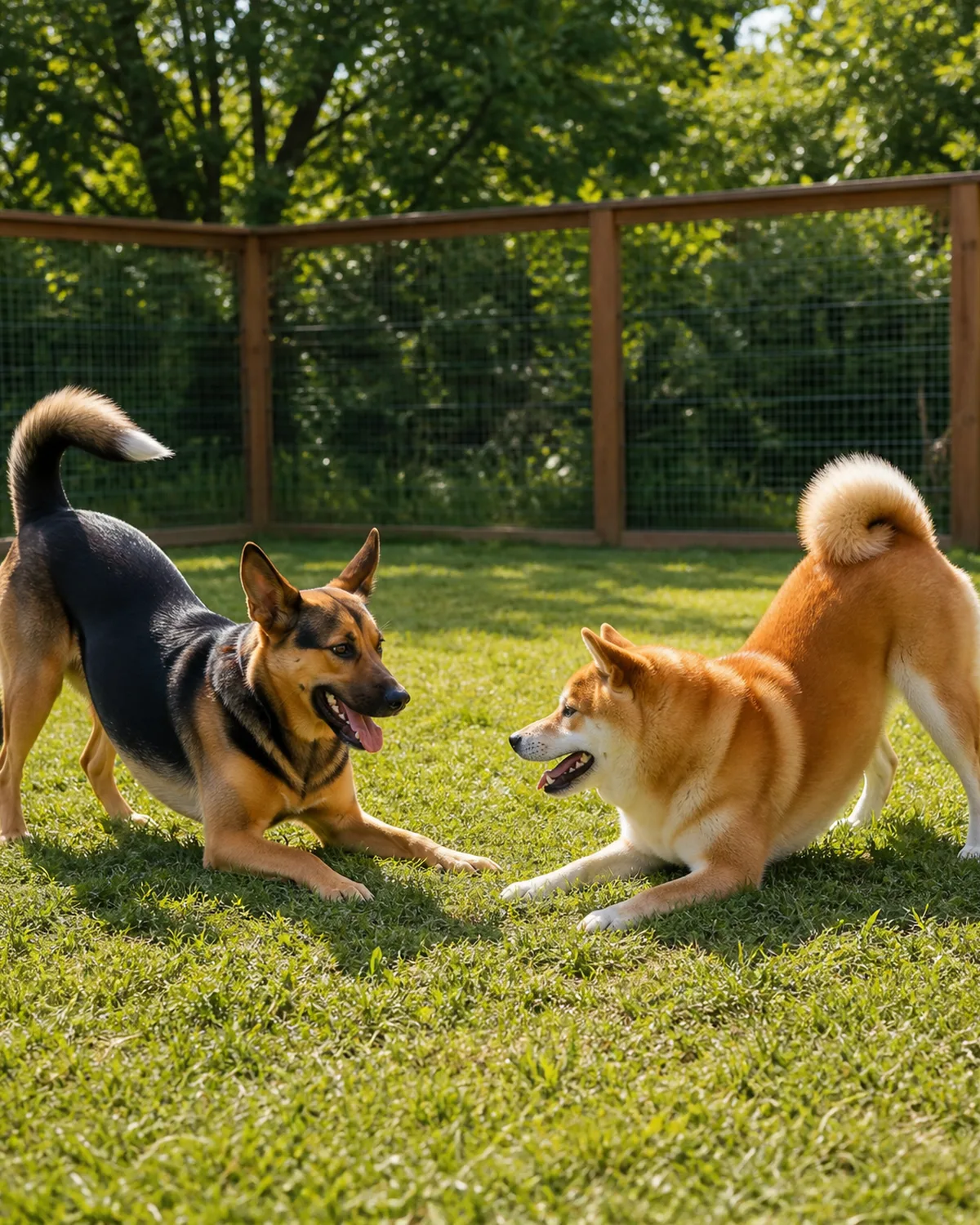 two medium dogs playing together in a fenced grassy yard one with a black-and-tan saddle coat and large upright pointed ears and one with a thick orange-red double coat with erect ears and a curled tail both in relaxed play-bow posture facing each other bright afternoon light