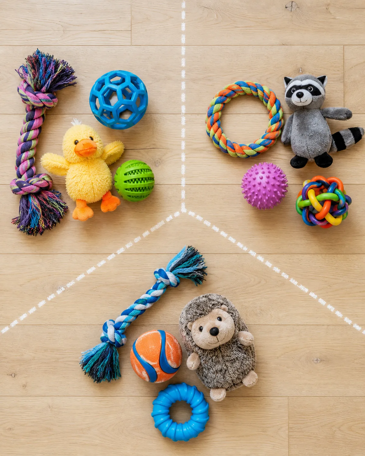 a flat lay arrangement on a light wooden floor showing three small piles of dog toys separated by dotted chalk lines each pile containing three to four different toys bright overhead light no dog in frame