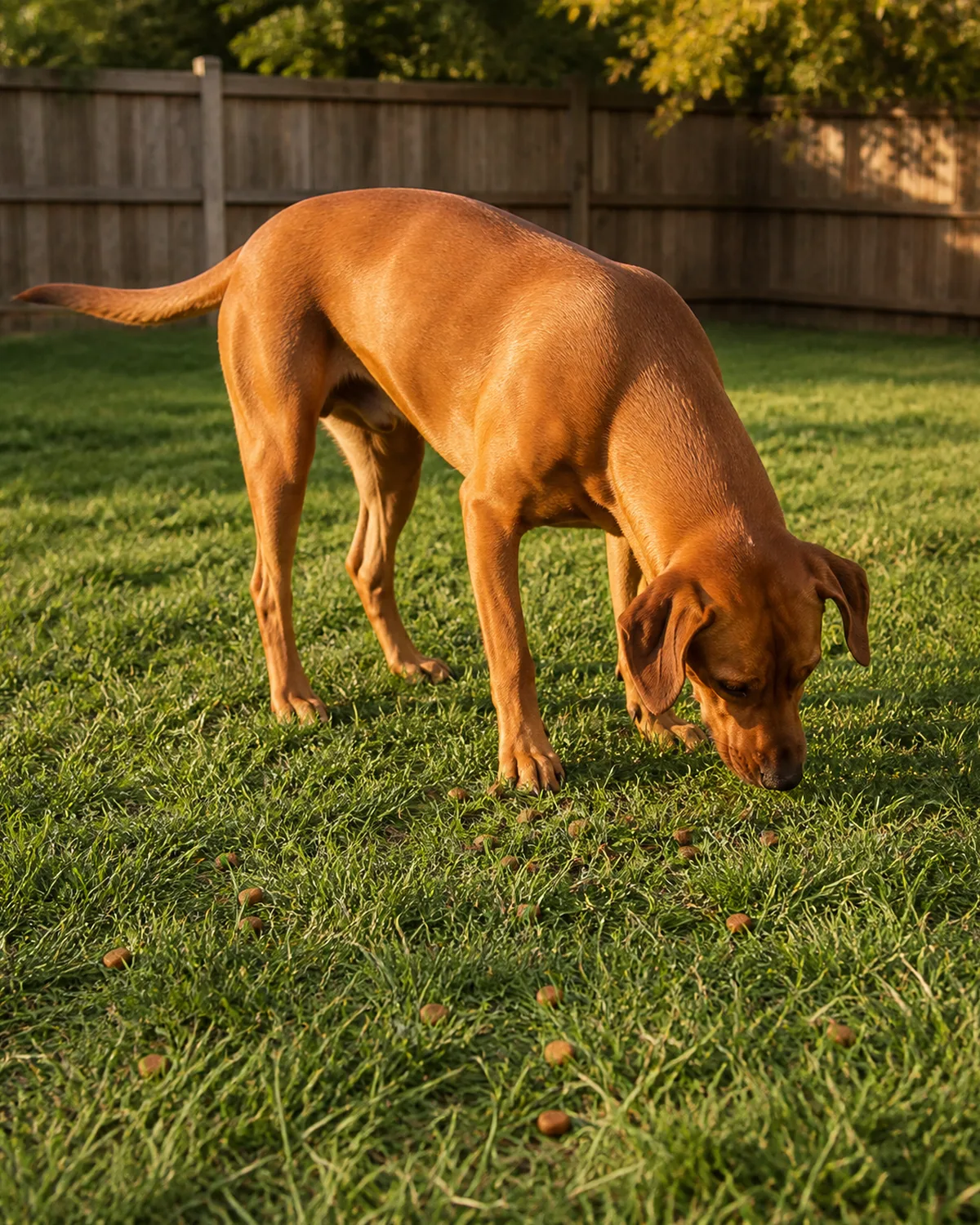 a large lean dog with a uniform rusty golden-brown short coat and floppy ears nose down in a patch of green grass in a sunny backyard sniffing through the blades to find scattered kibble warm golden-hour afternoon light