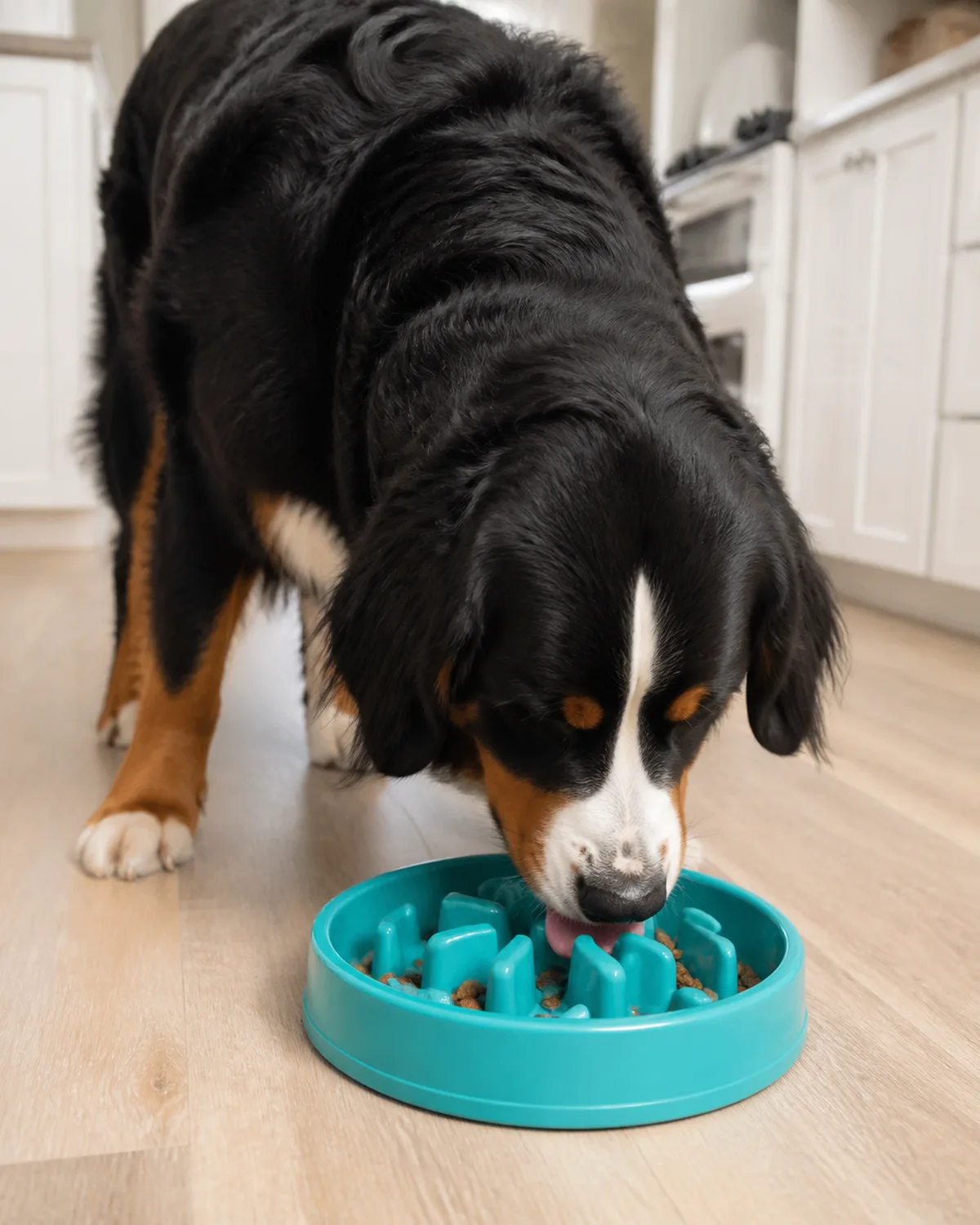 a large sturdy tricolor dog with a black body rust eyebrows and legs white chest blaze and floppy ears eating from a turquoise slow-feeder bowl with raised ridges on a kitchen floor bright kitchen light