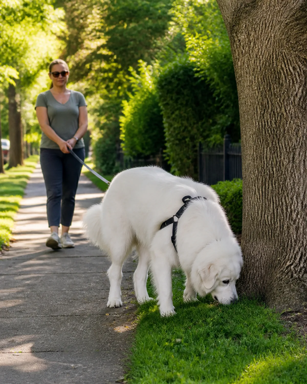 a large dog with a thick solid-white long double coat a mane around the neck floppy ears and a gentle face walking on a long loose leash on a quiet tree-lined sidewalk nose pressed to a patch of grass at the base of a tree the person standing patiently behind dappled morning sunlight through leaves