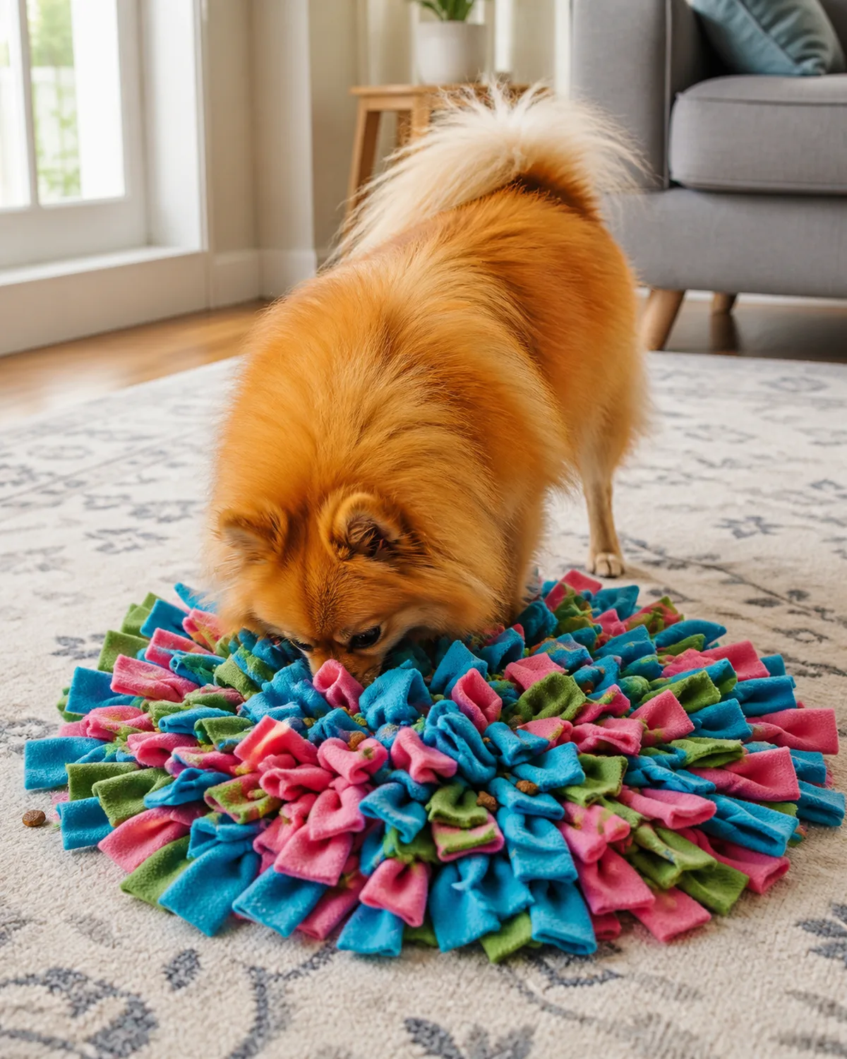 a tiny fluffy orange double-coated dog with a foxy face small erect ears and a plumed tail standing on a colorful snuffle mat on a living room rug nose deep in the fleece strips bright natural window light