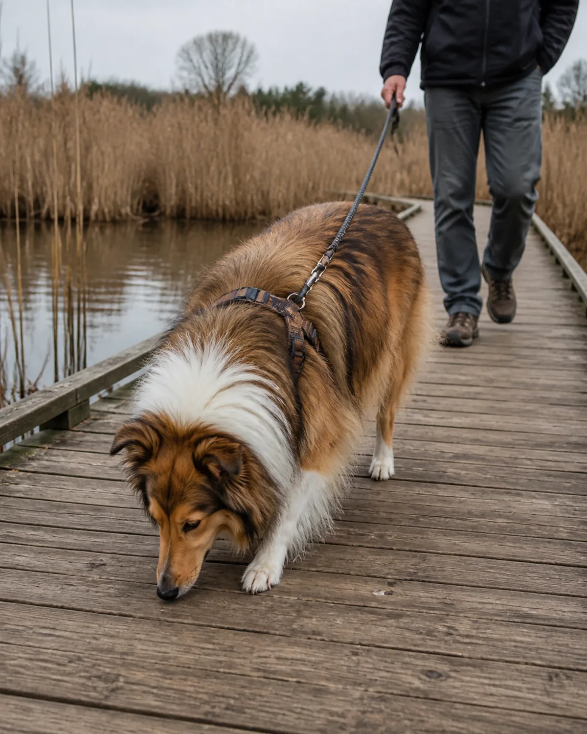 a medium collie-like dog with an abundant sable-and-white long coat a mane and frill semi-erect ears and a fine long muzzle walking on a wooden boardwalk path through a marshy nature trail leash loose the dog sniffing the wooden planks with curiosity soft overcast light