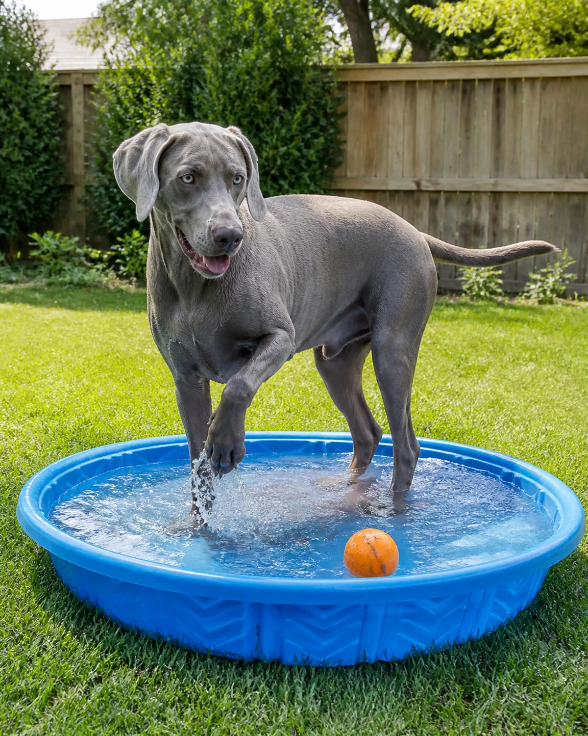 a large sleek dog with a solid silver-grey short coat floppy ears pale eyes and an athletic build standing in a blue plastic kiddie pool in a sunny backyard water about ankle-deep one paw splashing a floating orange ball on the water surface bright midday summer light