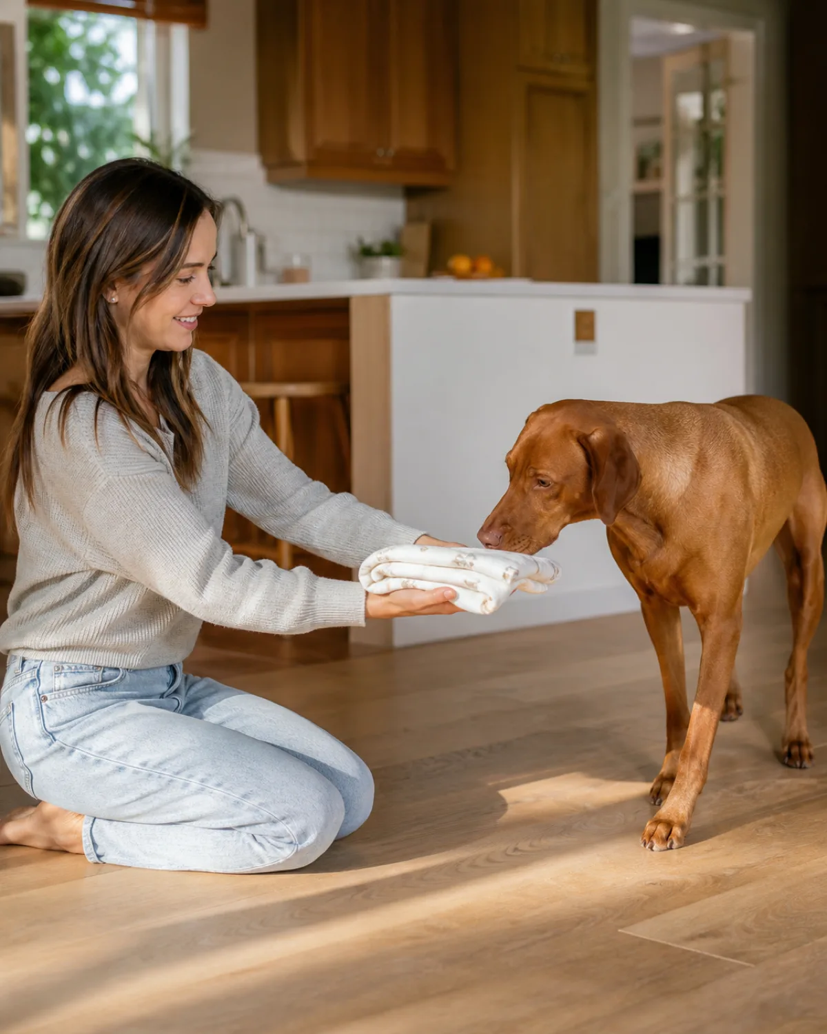 a person kneeling on a kitchen floor holding out a small folded baby blanket at arms length while a medium-large sleek dog with a uniform rusty golden-brown short coat and floppy ears approaches slowly to sniff it in warm afternoon light