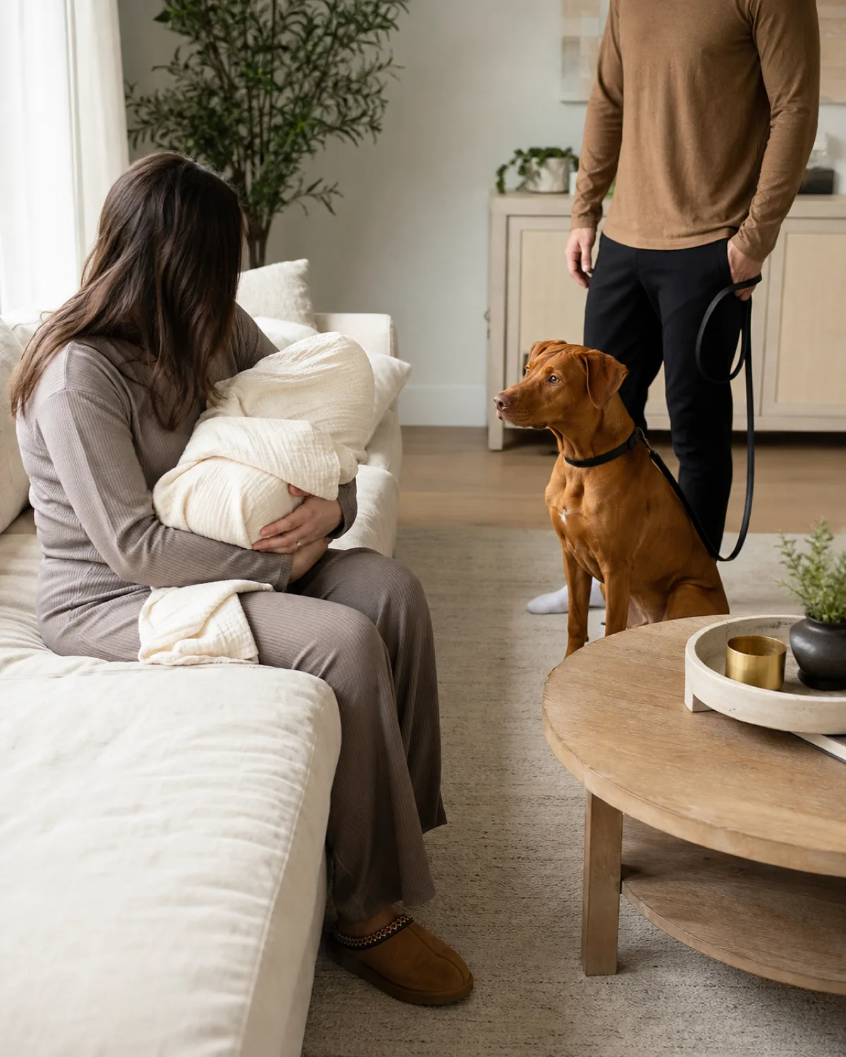 a person seated on a beige linen couch holding a small bundle wrapped in a cream blanket while a medium-large sleek dog with a uniform rusty golden-brown short coat and floppy ears sits calmly on the floor about three feet away looking toward the person with gentle curiosity and another person stands nearby with a loose leash in bright natural light