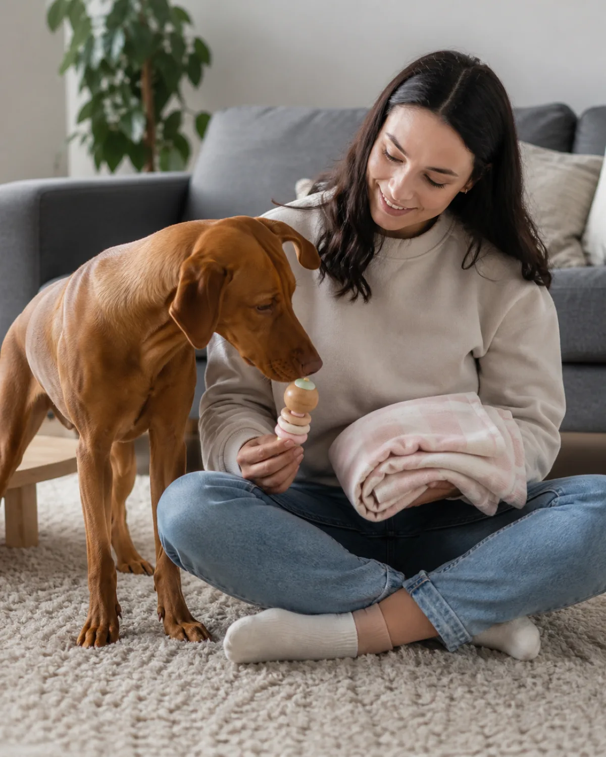 a medium-large sleek dog with a uniform rusty golden-brown short coat and floppy ears sniffing a small baby rattle and a folded pastel blanket held by a person sitting cross-legged on a cream area rug in a living room with soft natural light