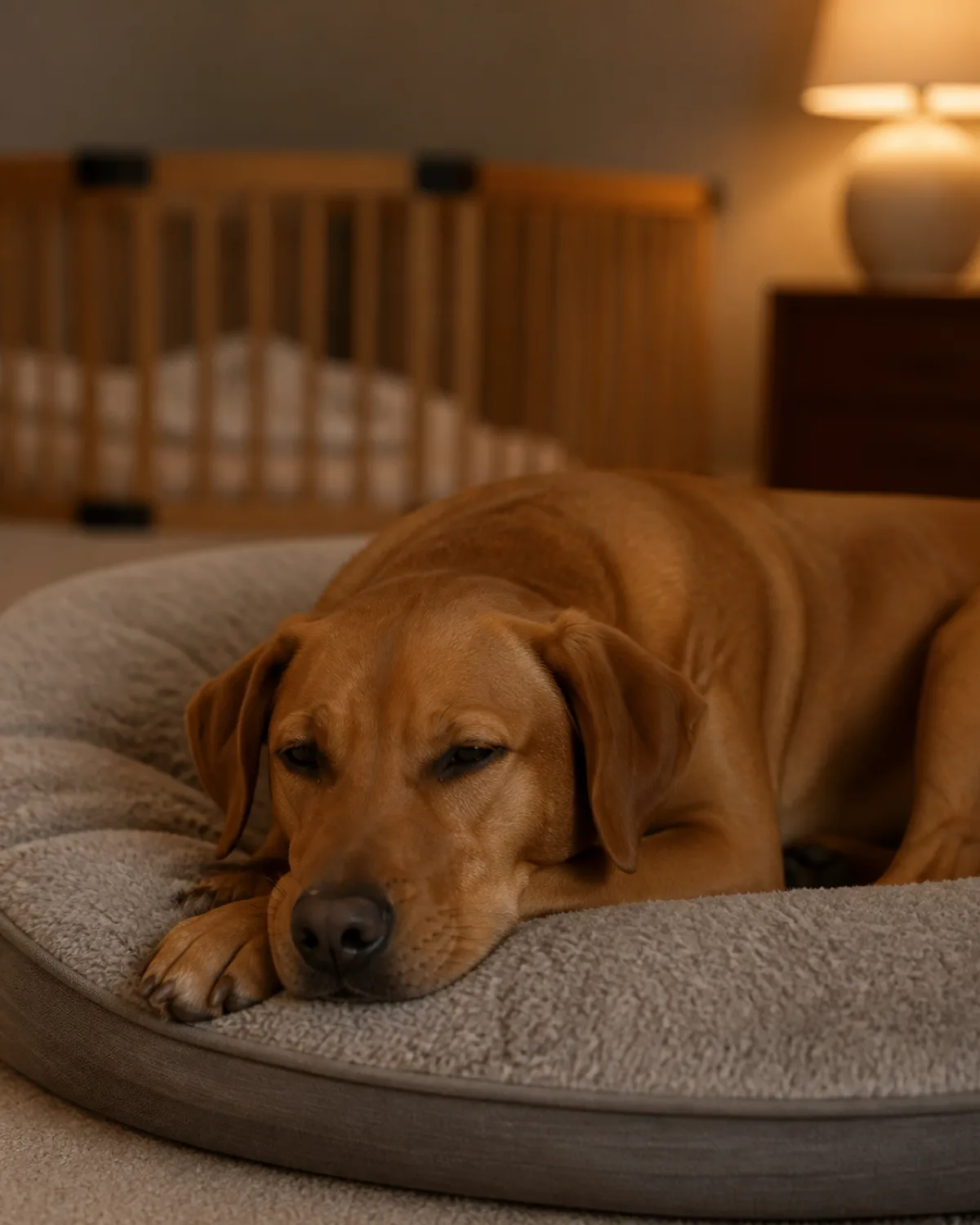 a medium-large sleek dog with a uniform rusty golden-brown short coat and floppy ears lying peacefully on a plush dog bed with chin on paws and eyes half-closed and content with a wooden playpen and pale blanket softly blurred in the far background in quiet evening warm lamp glow