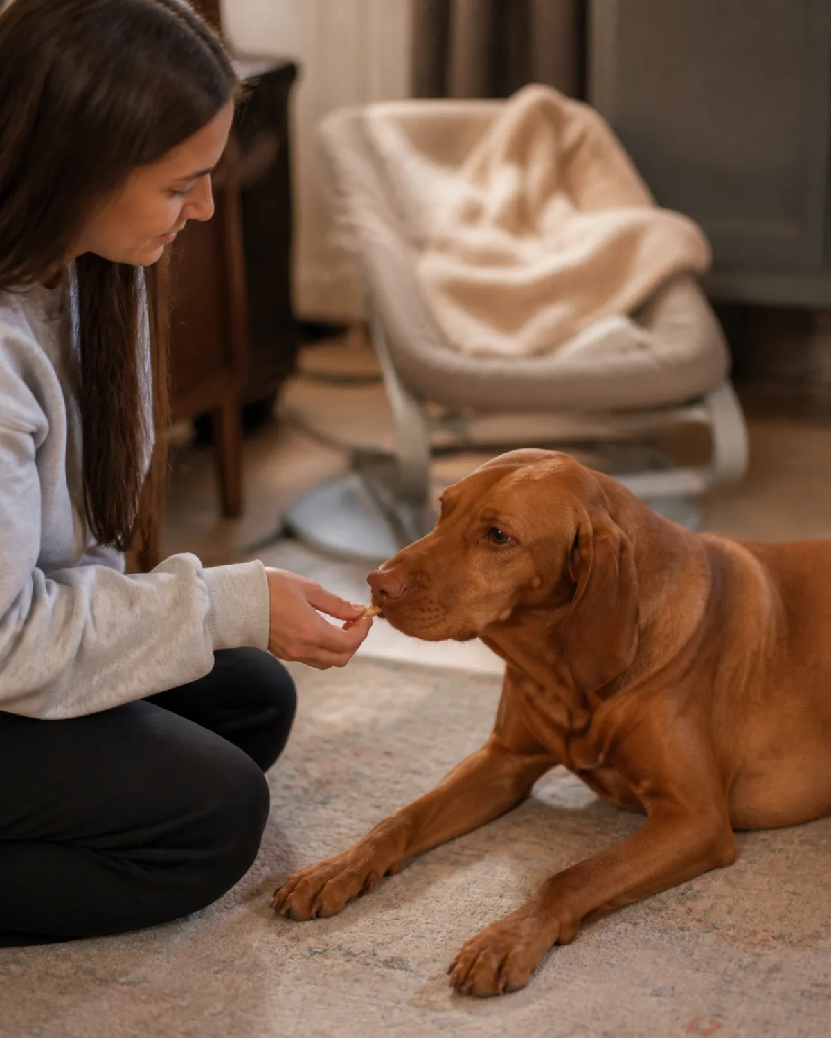 a person sitting on the floor giving a small treat to a medium-large sleek dog with a uniform rusty golden-brown short coat and floppy ears lying down calmly with relaxed posture and soft eyes with a bouncer seat and cream blanket in the soft-focus background in warm living room light