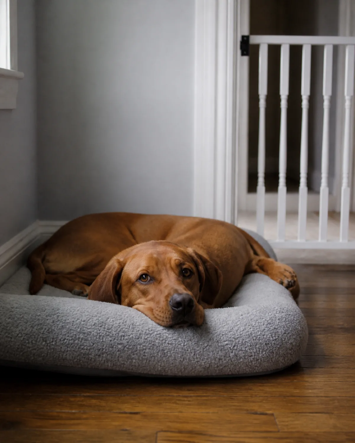 a medium-large sleek dog with a uniform rusty golden-brown short coat and floppy ears lying on a large plush dog bed in a quiet corner with a white wooden baby gate visible in the doorway nearby looking comfortable with chin resting on the bed edge in soft natural light