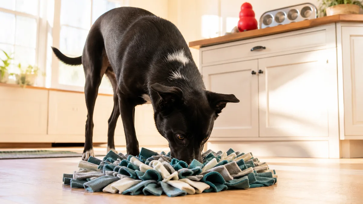 a medium athletic black-and-white dog with a white blaze on the chest and semi-erect ears standing over a colorful snuffle mat on a bright kitchen floor nose buried in the fleece strips searching for kibble warm morning sunlight through a large window