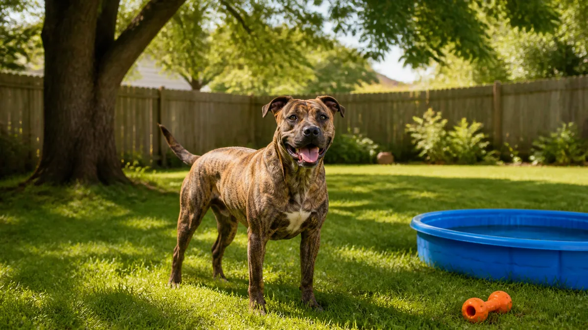 a medium muscular dog with a smooth brindle coat showing dark stripes on a tawny base standing happily on green grass in a sunny backyard with a wooden fence and shade tree and a blue splash pool and orange toy nearby warm golden afternoon light