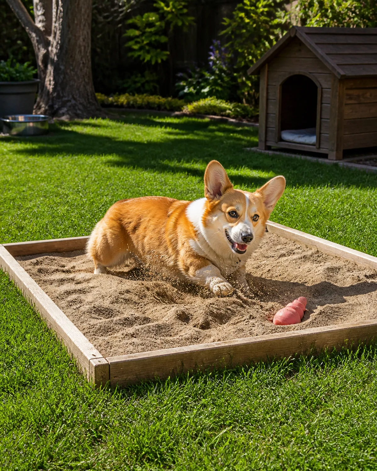 a small dog with very short legs and a long low body, a red-and-white coat, oversized erect ears and a foxy face digging happily in a wooden-framed sandbox in a sunny backyard corner with a rubber toy poking out of the sand