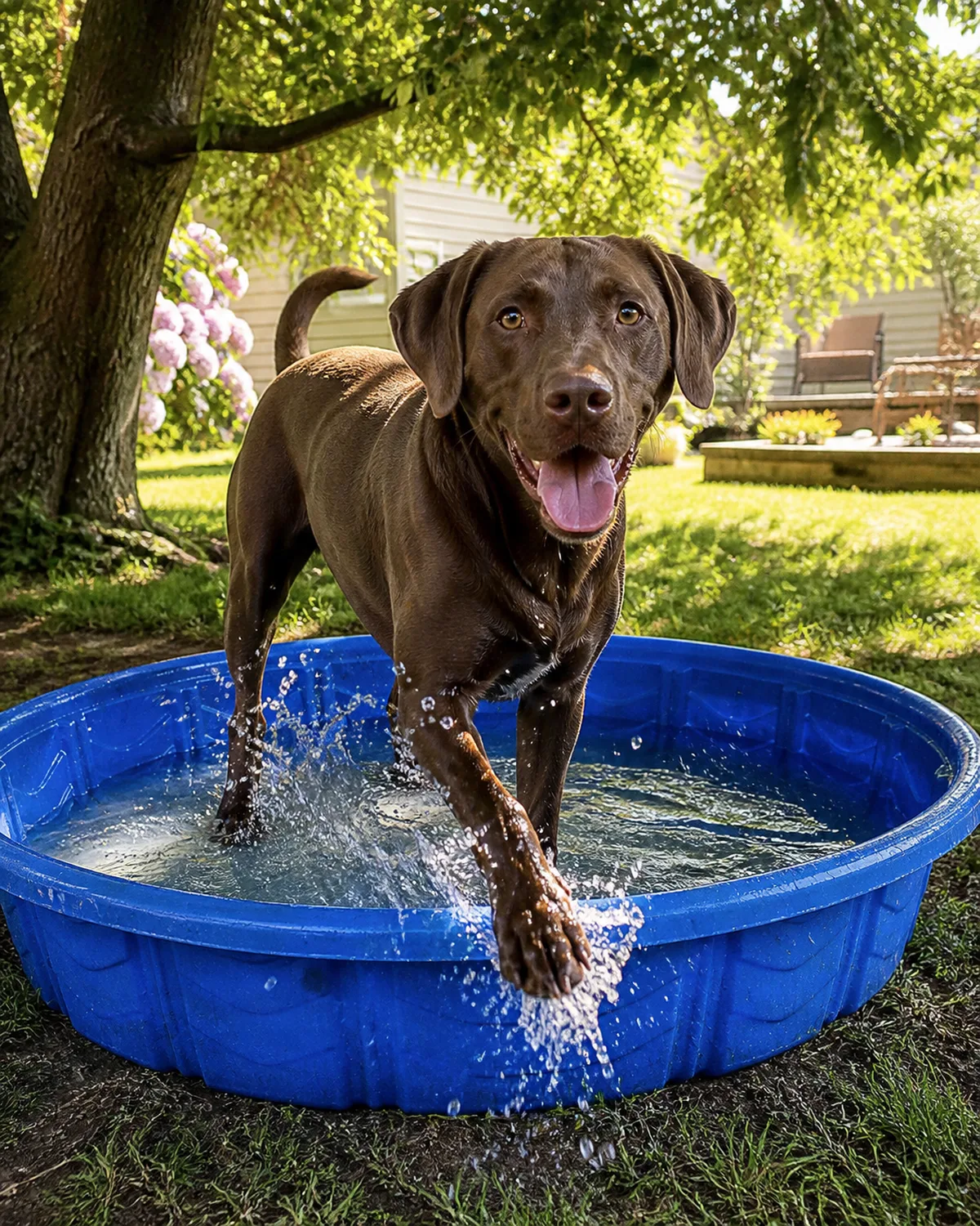 a large solid chocolate-brown short-coated dog with floppy ears and an athletic build standing in a blue hard-shell kiddie pool under a shade tree splashing water with one paw tongue out in warm summer daylight