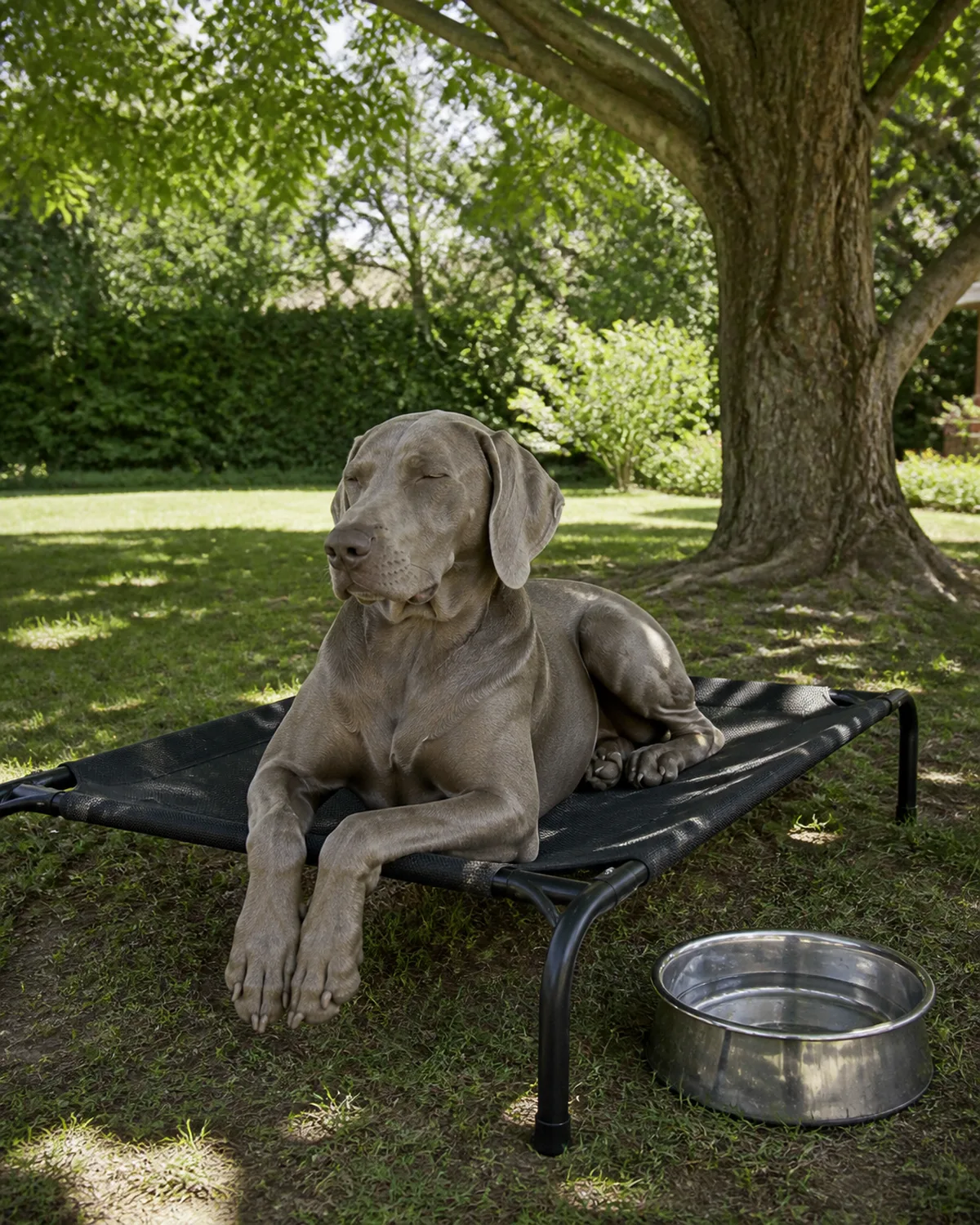 a large sleek dog with a solid silver-grey short coat floppy ears and pale eyes lying comfortably on an elevated mesh outdoor dog cot under a large shade tree with a water bowl on the ground beside it and dappled shadows on the grass