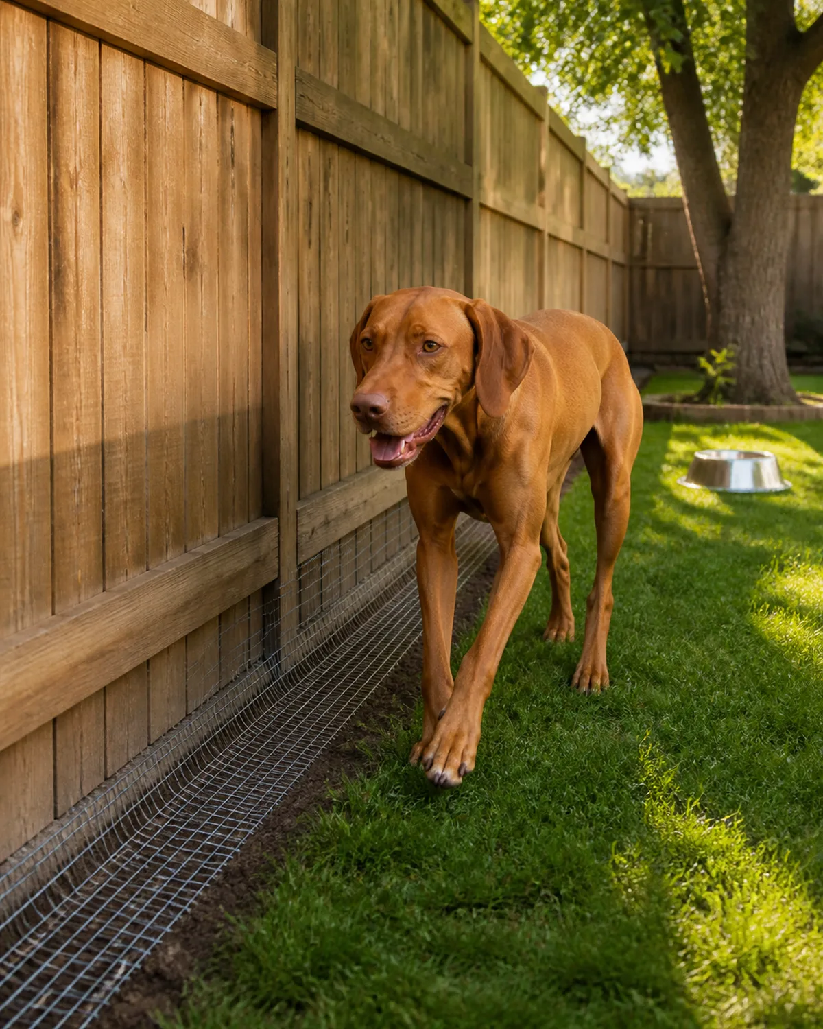 a medium-large sleek dog with a uniform rusty golden-brown short coat floppy ears and a lean athletic frame walking calmly beside a well-maintained wooden privacy fence in a backyard with L-shaped wire mesh visible buried at the fence base in warm side sunlight