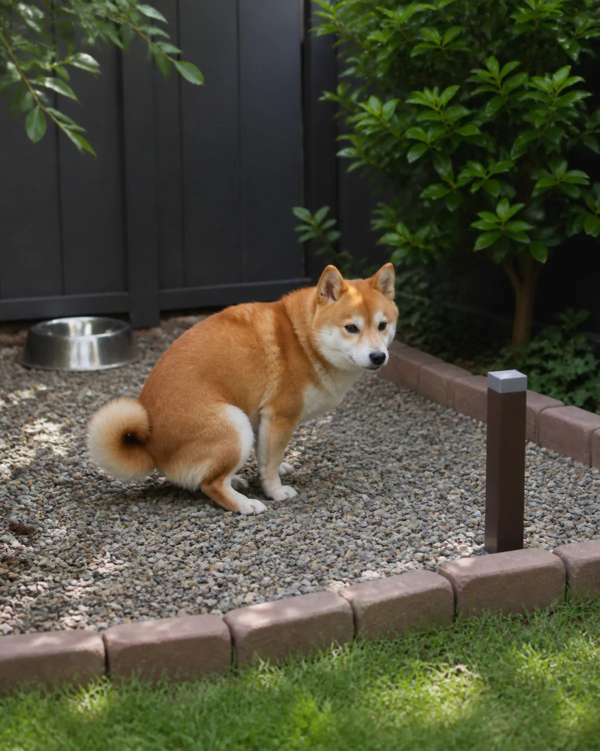 a small compact dog with a thick orange-red double coat and white underside erect ears curled tail and a fox-like face on a neat pea gravel area bordered by low bricks in a backyard corner with a small marker post near the edge in soft daylight