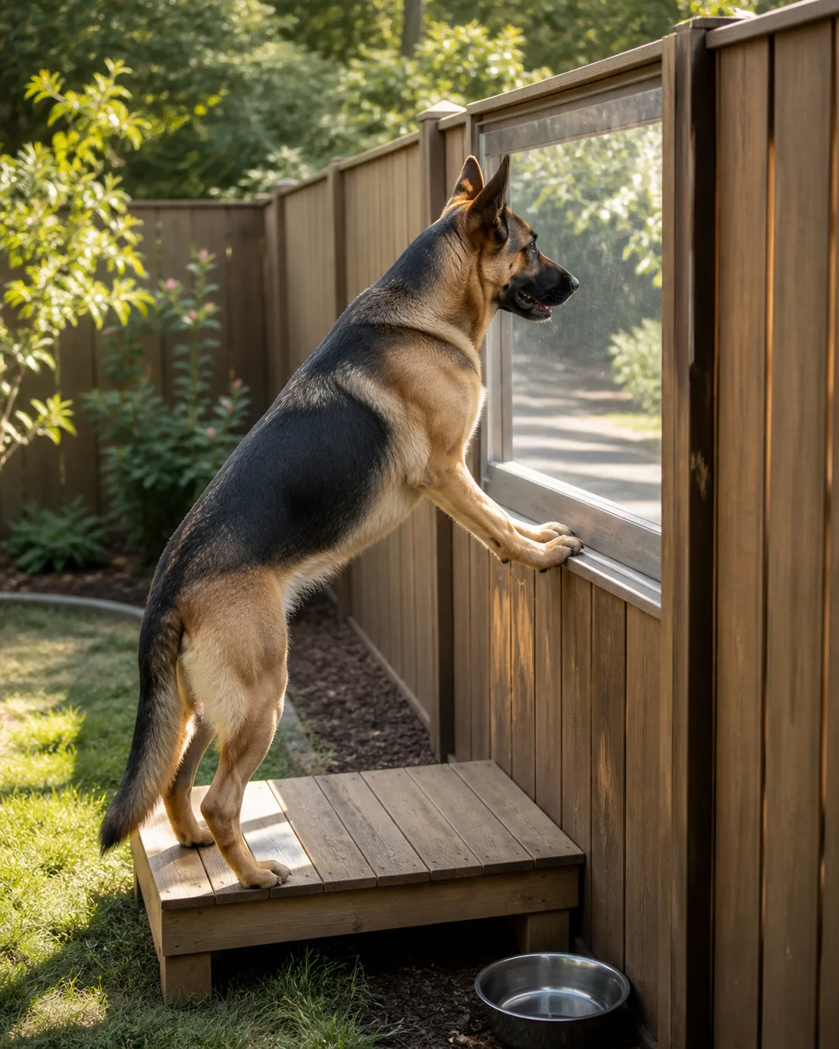 a large dog with a tan body and a black saddle-and-mask medium coat large upright pointed ears and long muzzle standing on a low wooden platform looking through a clear acrylic panel installed in a section of backyard fence with ears perked forward and a curious expression in warm afternoon side light
