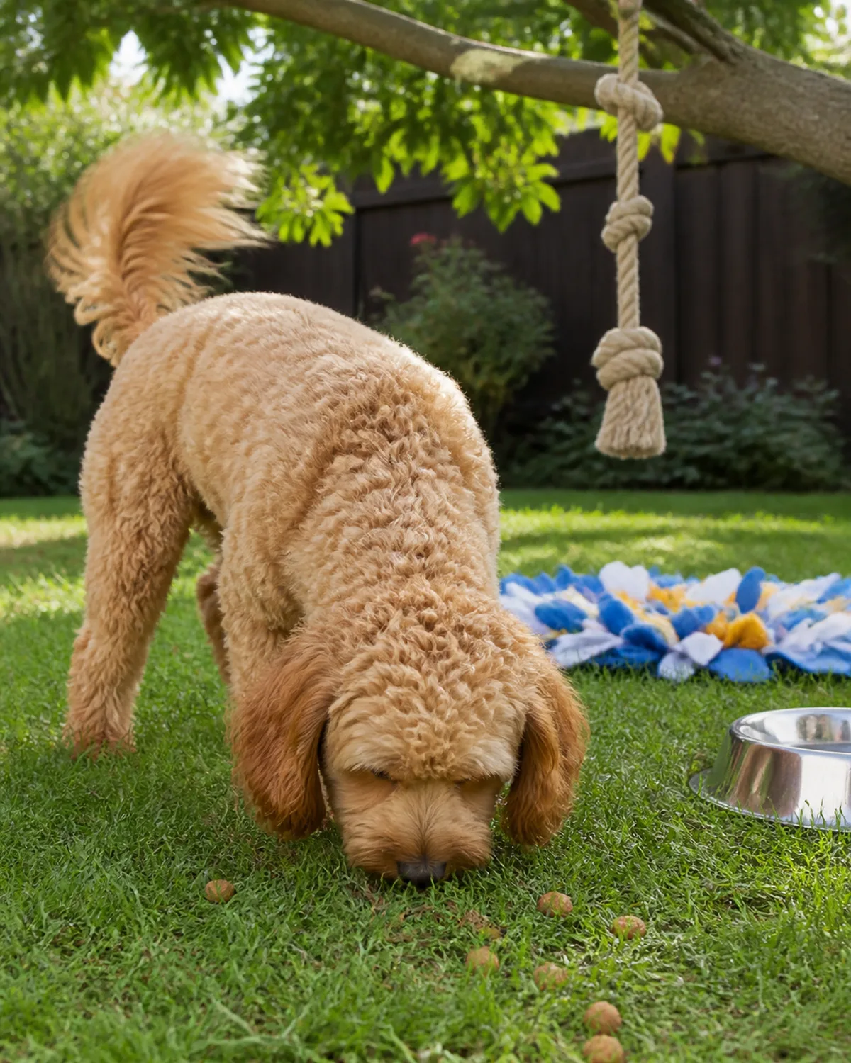 a medium dog with a soft shaggy wavy-to-curly apricot coat floppy ears and a rounded teddy-bear face nose down in grass searching for treats with a snuffle mat and a rope knot toy hanging from a low tree branch visible nearby tail wagging in bright outdoor daylight