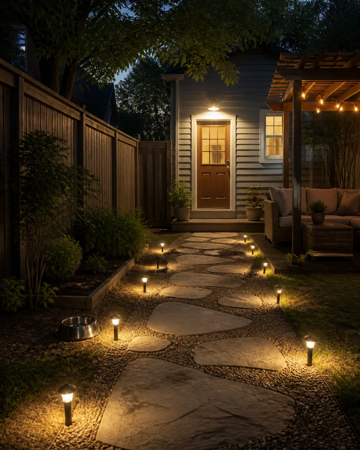 a backyard at dusk with a row of solar-powered low ground lights lining a stone pathway emitting warm amber glow and a motion-sensor light illuminating the back door area at the end of the path with ground clearly visible creating a warm and inviting atmosphere