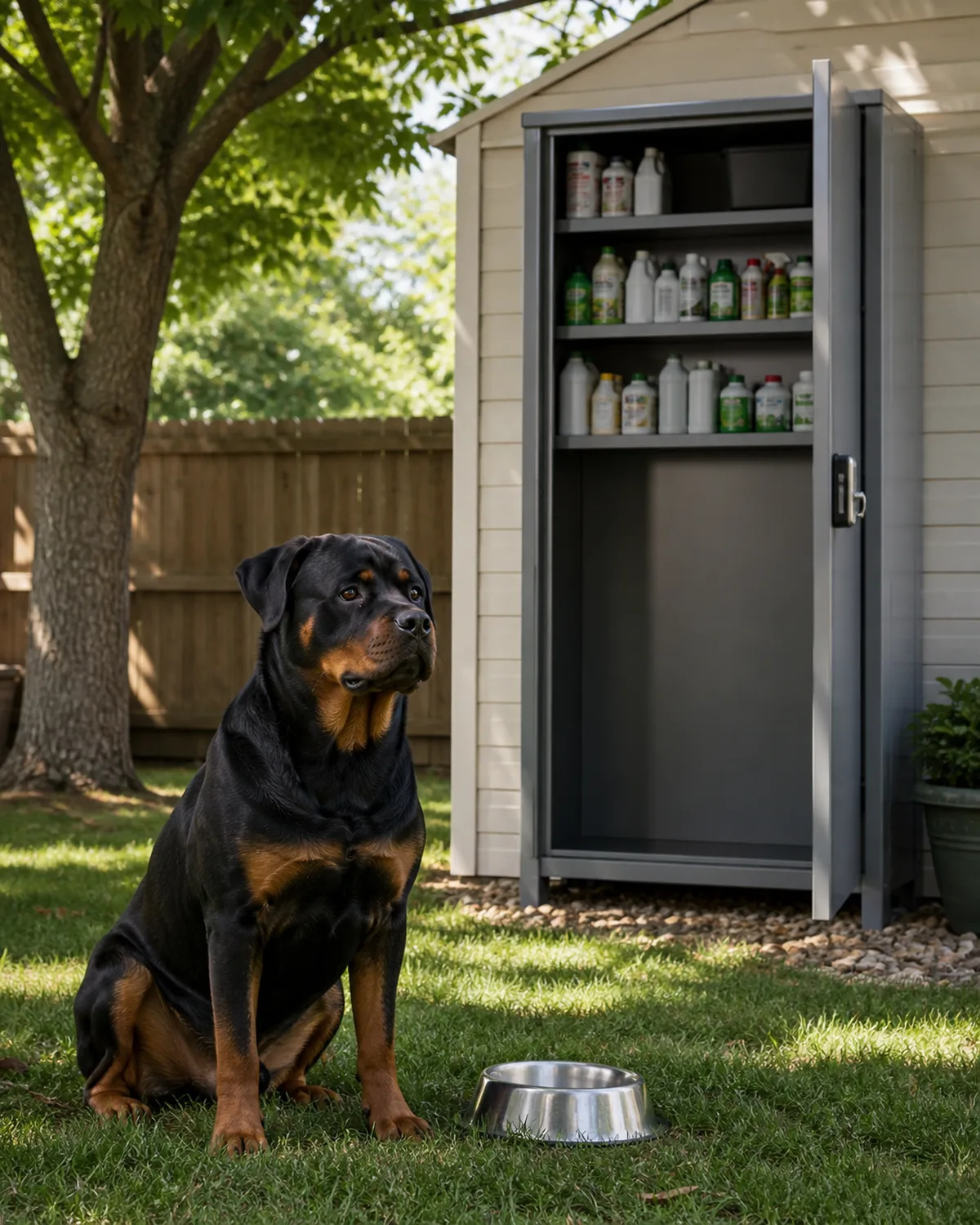 a large powerful black-and-tan short-coated dog with a broad blocky head and floppy ears sitting calmly on grass at a safe distance from a tall locked metal storage cabinet beside a garden shed with the cabinet door open showing neatly organized gardening supply bottles on high shelves in warm sunlight