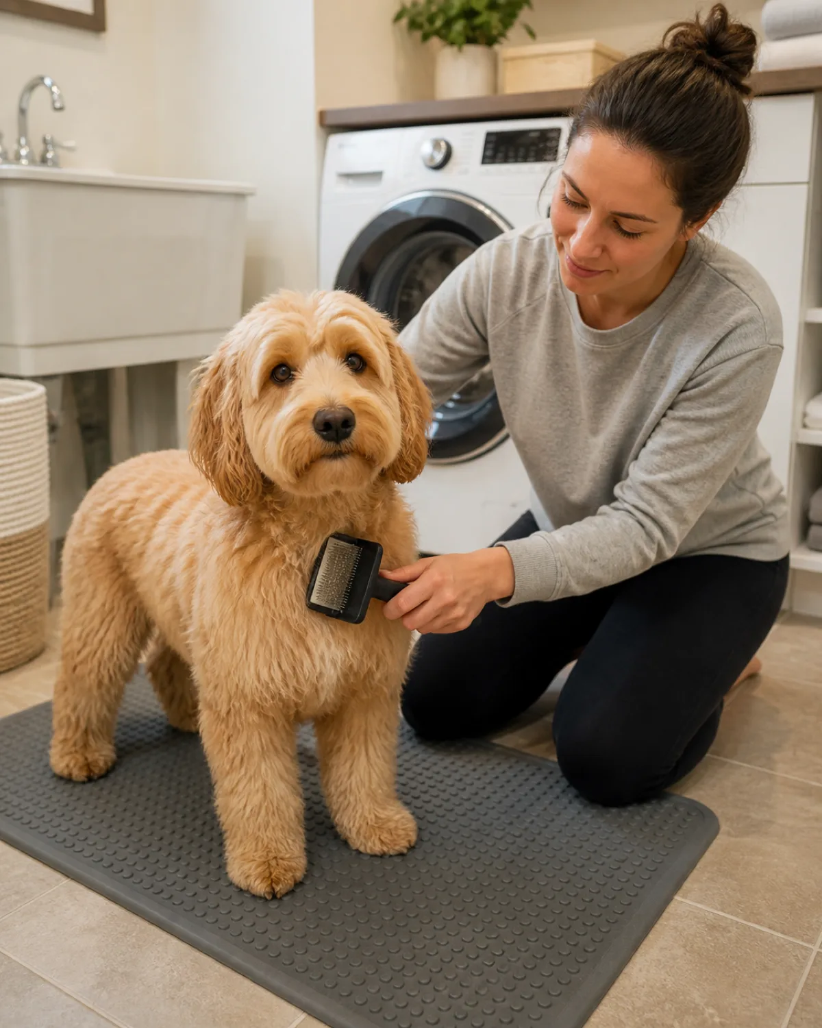 a medium fluffy apricot-gold dog with a wavy coat and dark round eyes standing calmly on a grey rubber mat placed on the tile floor of a bright laundry room with a front-loading washing machine visible in the background and a shallow utility sink to one side while a person kneels beside the dog with a slicker brush in hand