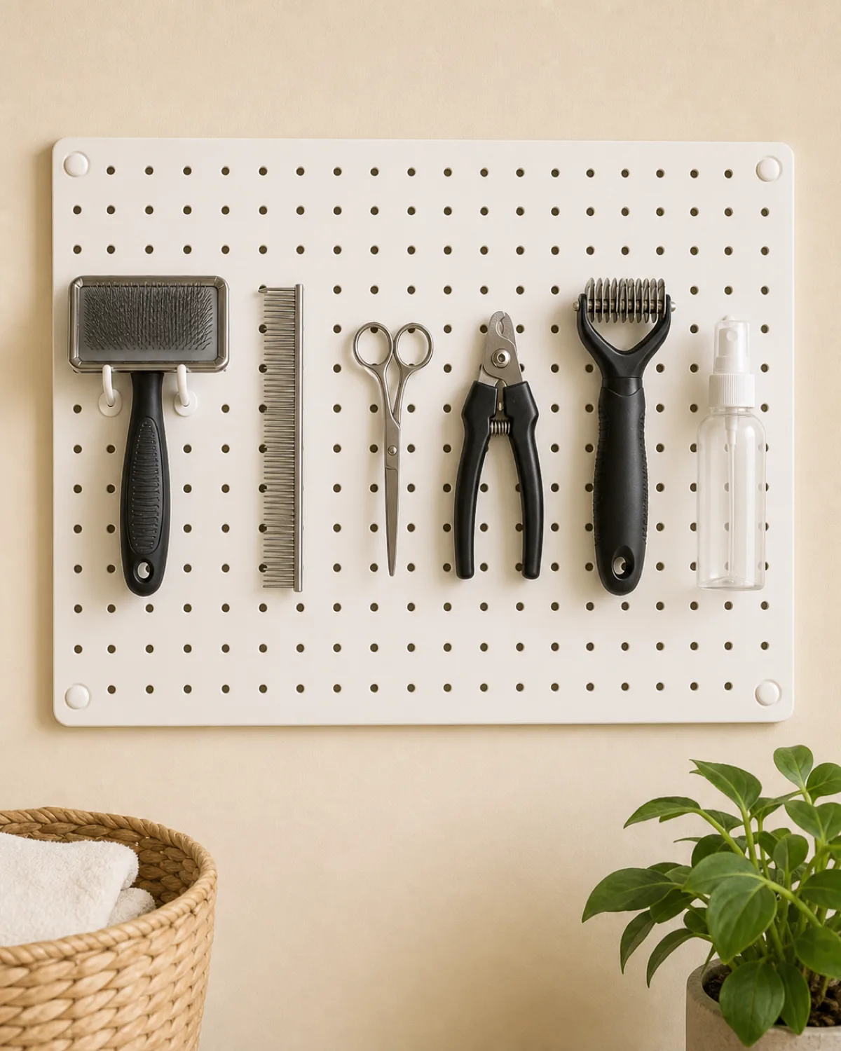 a close-up of a white wall-mounted pegboard in a laundry room with grooming tools hanging from individual hooks including a slicker brush a metal comb a pair of round-tipped scissors nail clippers a dematting tool and a small spray bottle all arranged neatly by size warm soft indoor light