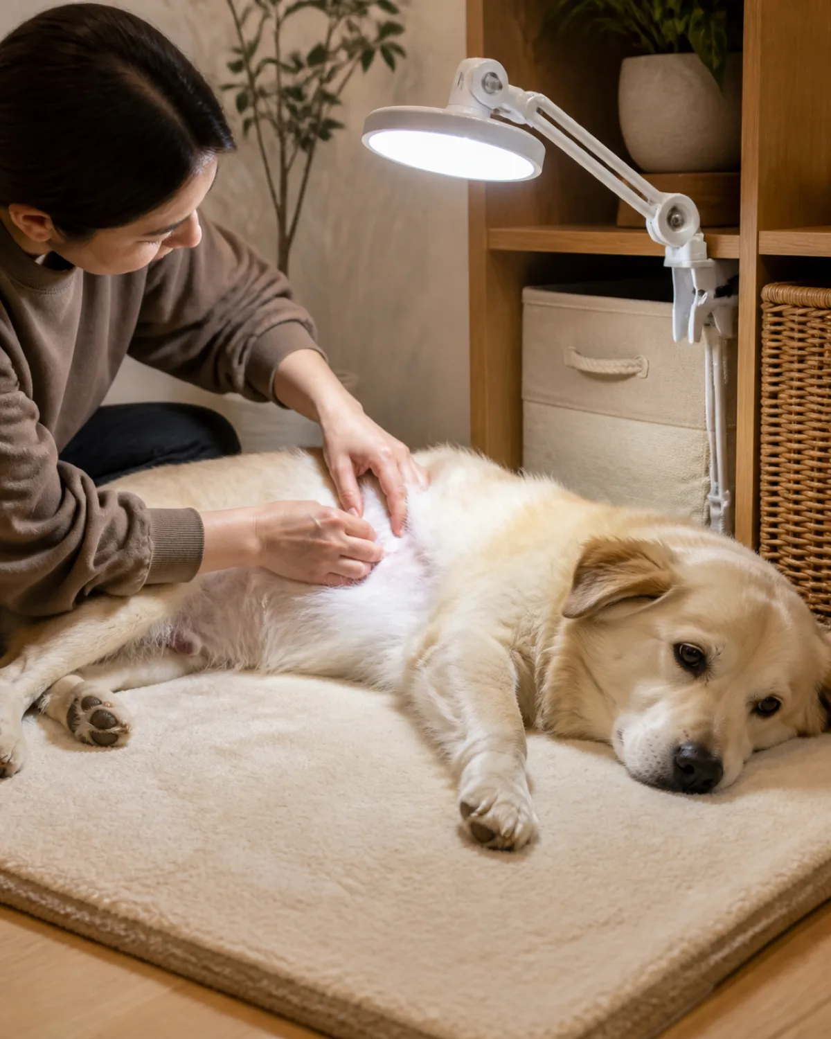 a large pale cream dog with a thick fluffy coat dark nose and gentle expression lying on its side on a low padded mat while a person parts the fur near the belly to inspect the skin underneath with a bright adjustable LED desk lamp clamped to the edge of a nearby shelf casting direct white light on the work area