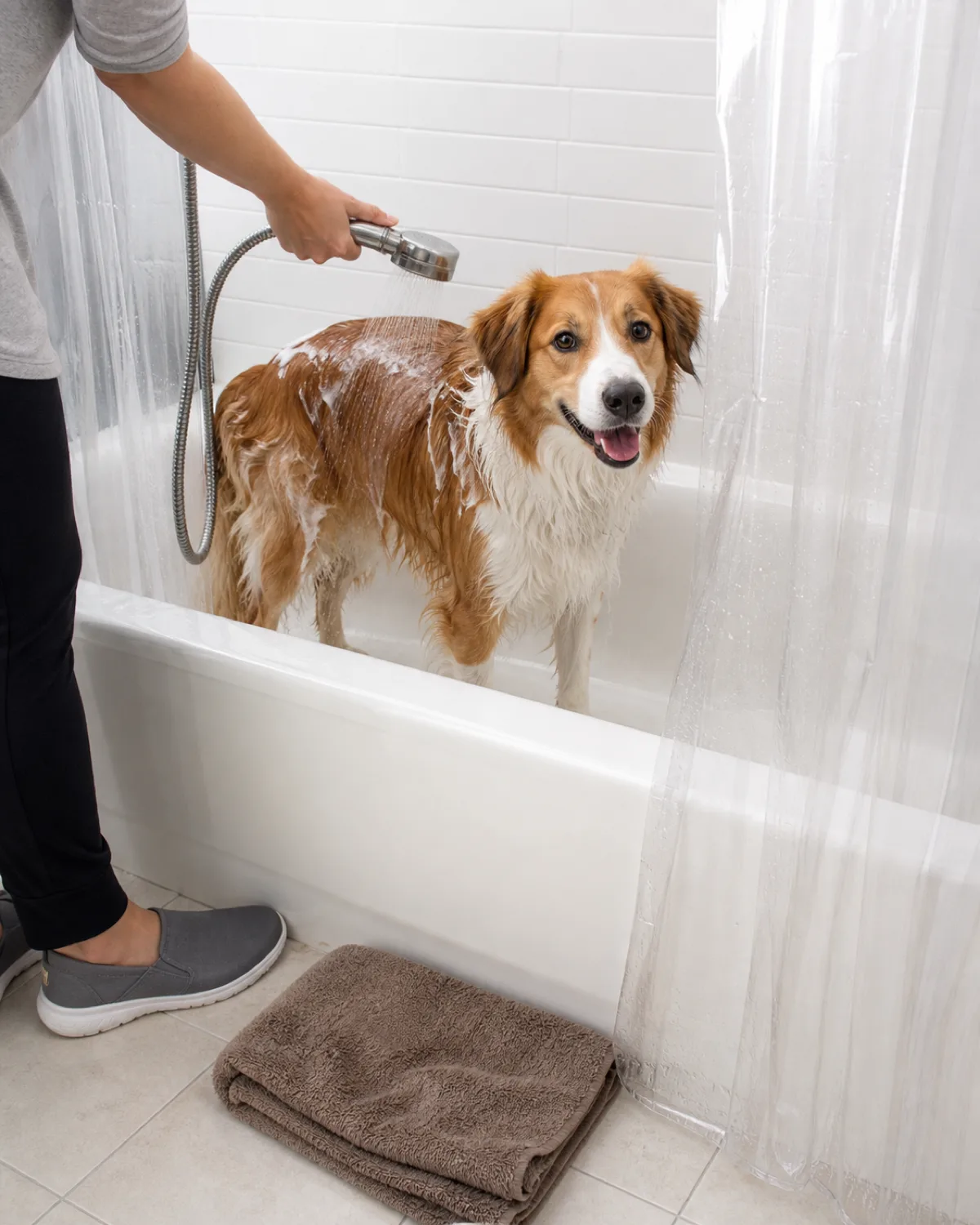 a medium red-and-white dog with a silky feathered coat and a friendly face standing inside a white bathtub with a handheld shower sprayer rinsing suds from its back a clear shower curtain pulled halfway around the tub to contain splashes and a folded old towel on the floor beside the tub as a landing mat bright bathroom light