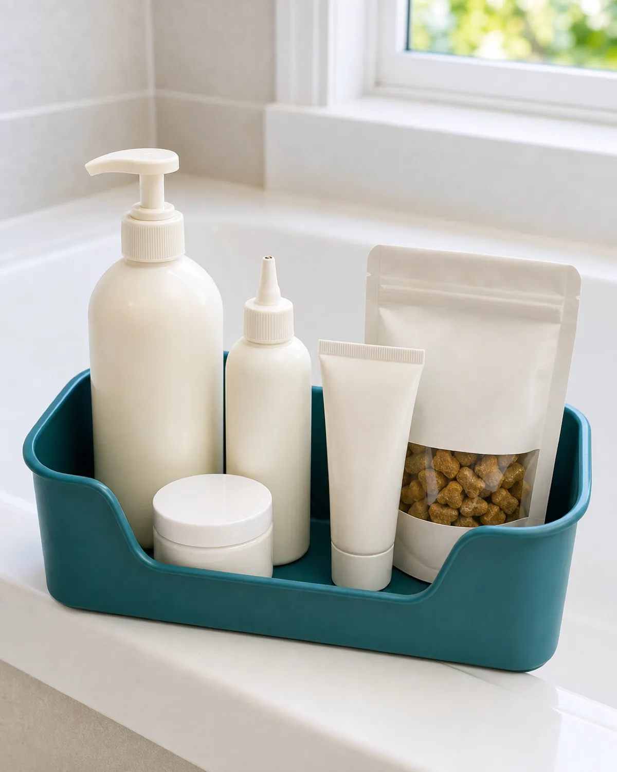 a close-up of a teal plastic shower caddy sitting on the edge of a bathtub filled with dog grooming supplies including a bottle of dog shampoo a smaller bottle of ear cleaner a tube of paw balm a small jar of styptic powder and a bag of training treats all arranged upright and visible bright natural light