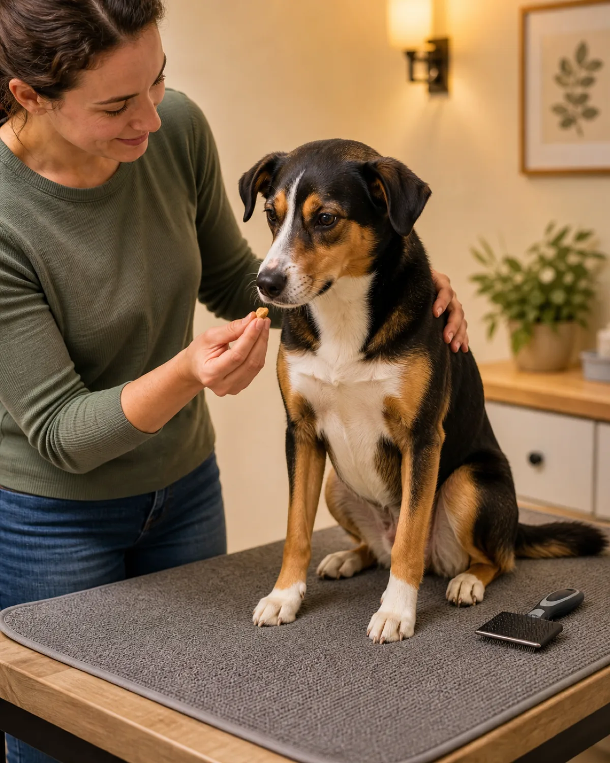 a medium tricolor dog with a smooth short coat and alert brown eyes sitting on a non-slip mat on a table with a person offering a small treat from one hand while the other hand rests gently on the dogs shoulder and a slicker brush lying on the table beside them waiting to be picked up the dog looking at the treat with a relaxed soft mouth warm indoor light