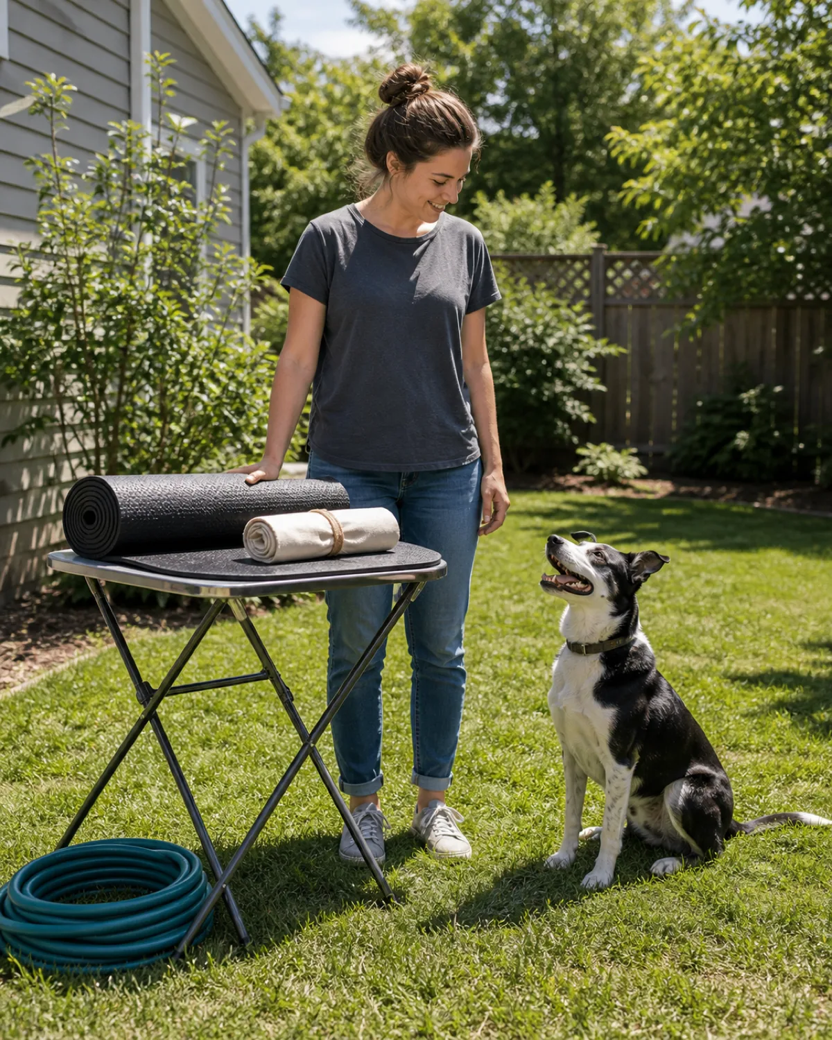 a person standing beside a folded grooming setup in a sunny backyard with a lightweight folding table with a rolled-up non-slip mat on top a canvas tool roll tied shut and a coiled garden hose nearby and a medium black-and-white dog with a patchy coat and perky semi-erect ears sitting on the grass beside the table looking up happily bright midday sun
