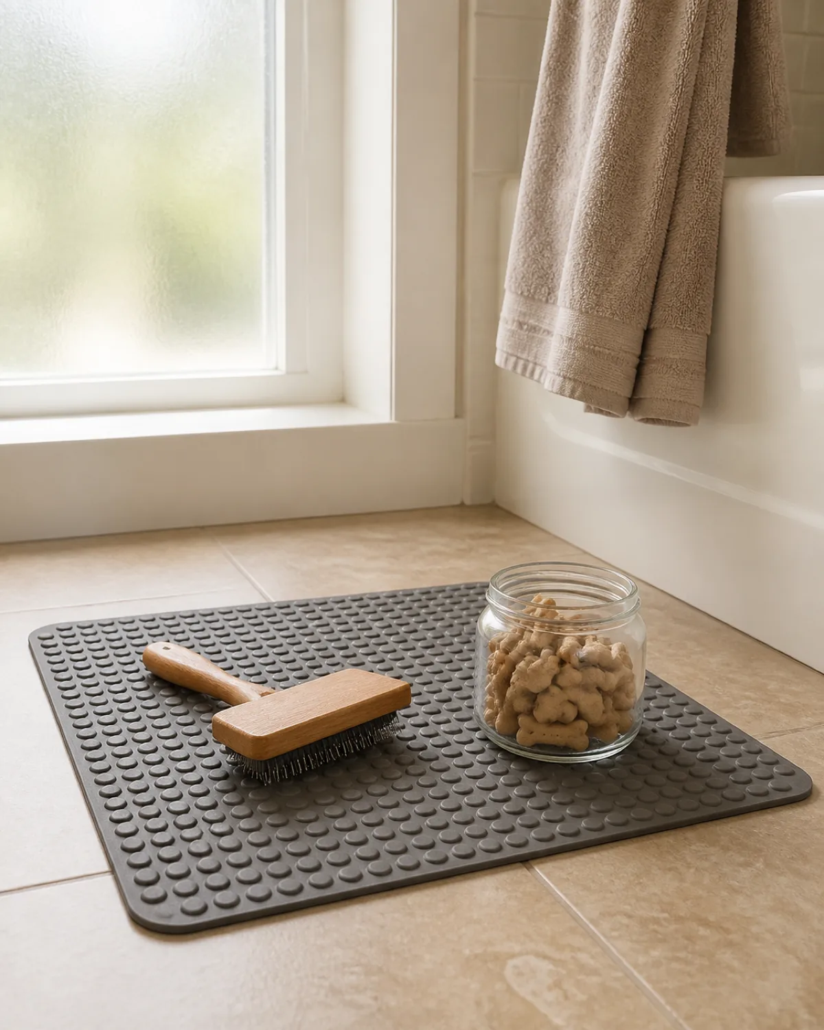 a cozy bathroom corner with just three grooming basics arranged on the floor a textured rubber non-slip mat a single wooden-handled slicker brush lying on the mat and a small glass jar filled with dog treats beside it warm soft natural light from a frosted window simple and inviting