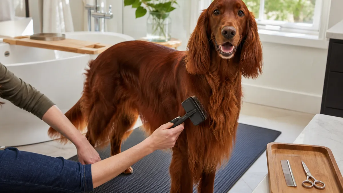 a large graceful dog with a flowing deep mahogany-red silky coat and long feathered ears standing on a rubber-backed mat in a bright modern bathroom while a person gently uses a slicker brush on its chest feathering with a wooden tray holding grooming tools on the counter