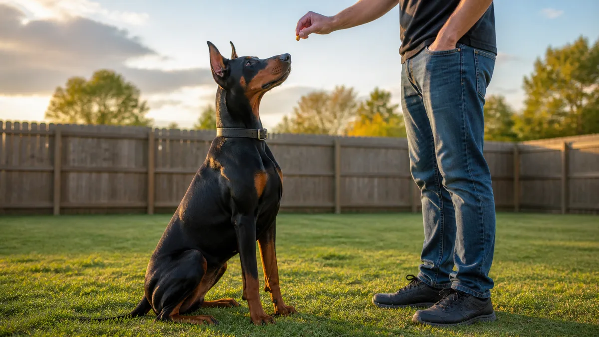 a large lean muscular dog with a sleek black-and-tan short coat sharp rust points upright ears and a long muzzle sitting in a perfect alert sit on a green grass lawn in a fenced backyard looking up attentively at a standing person whose hand extends a small treat downward flat collar visible warm golden hour light