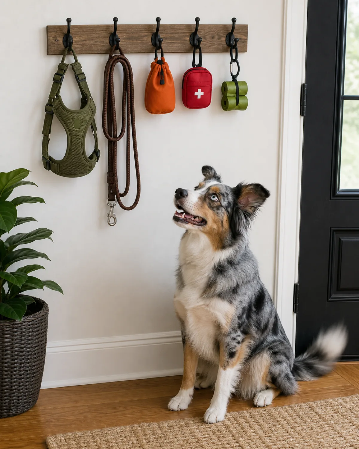 a tidy wall-mounted hook rack beside a front door with dog walking gear hanging from individual hooks a harness a coiled leash a treat pouch and a small first aid pouch a pair of poop bag rolls in a clip a medium blue-merle dog with one blue eye and one brown eye and semi-erect ears sitting on the floor looking up at the gear rack expectantly with tail wagging bright entryway light