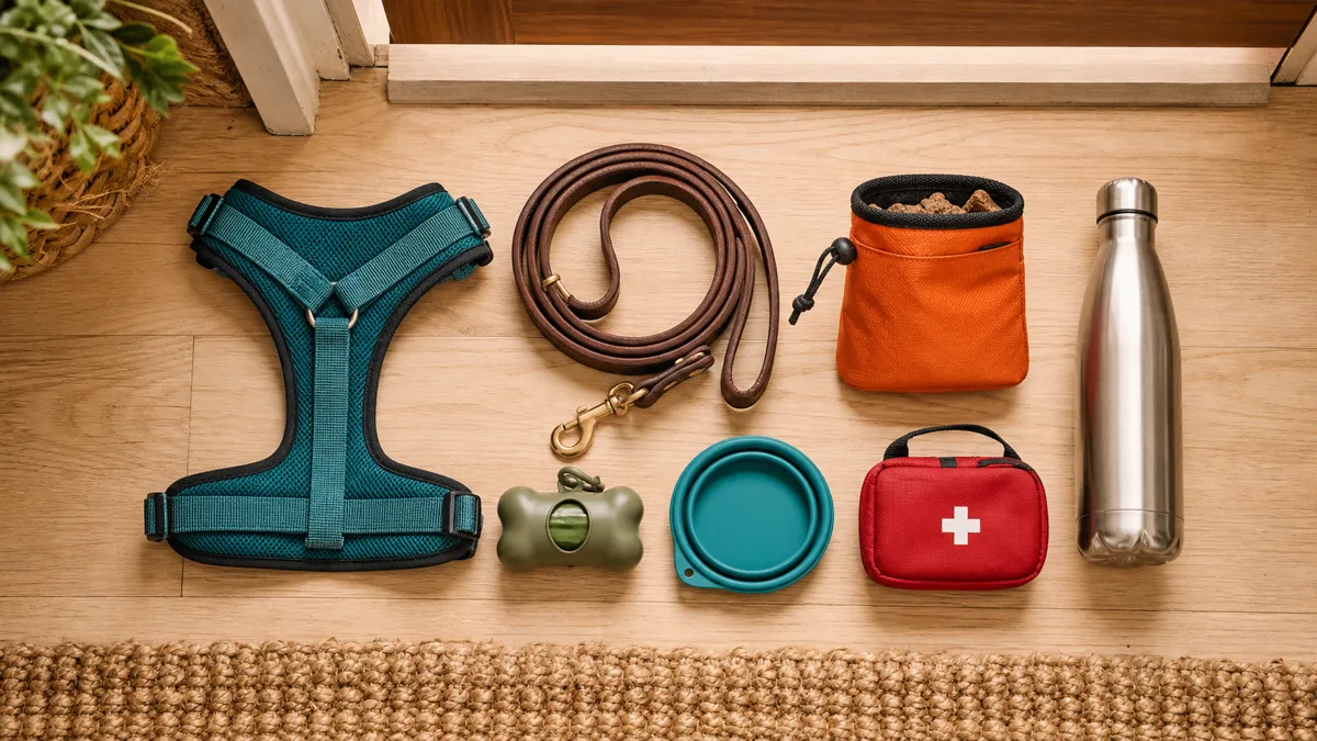 a flat-lay arrangement of essential dog walking gear on a clean light wooden floor near a front door including a teal Y-shaped harness a coiled brown leather leash a small orange treat pouch a roll of poop bags a collapsible silicone bowl a stainless steel water bottle and a small red first aid pouch all neatly arranged with warm natural light from a nearby window
