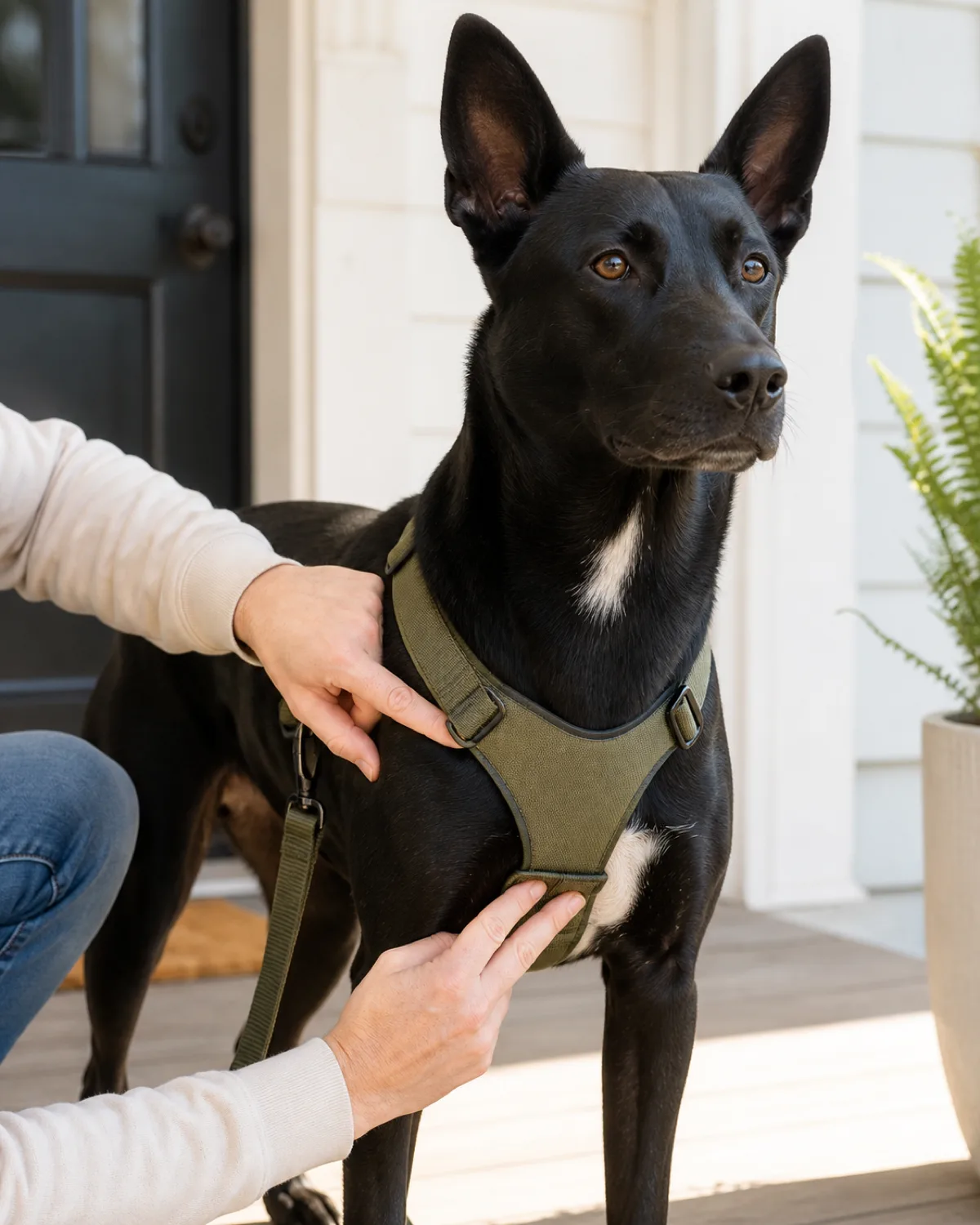 a medium athletic dog with a sleek black coat upright pointed ears and a white chest patch standing still while a person adjusts the straps of a well-fitted olive-green Y-shaped harness around its chest two fingers visibly slipped under the chest strap to test the fit bright natural light on a front porch