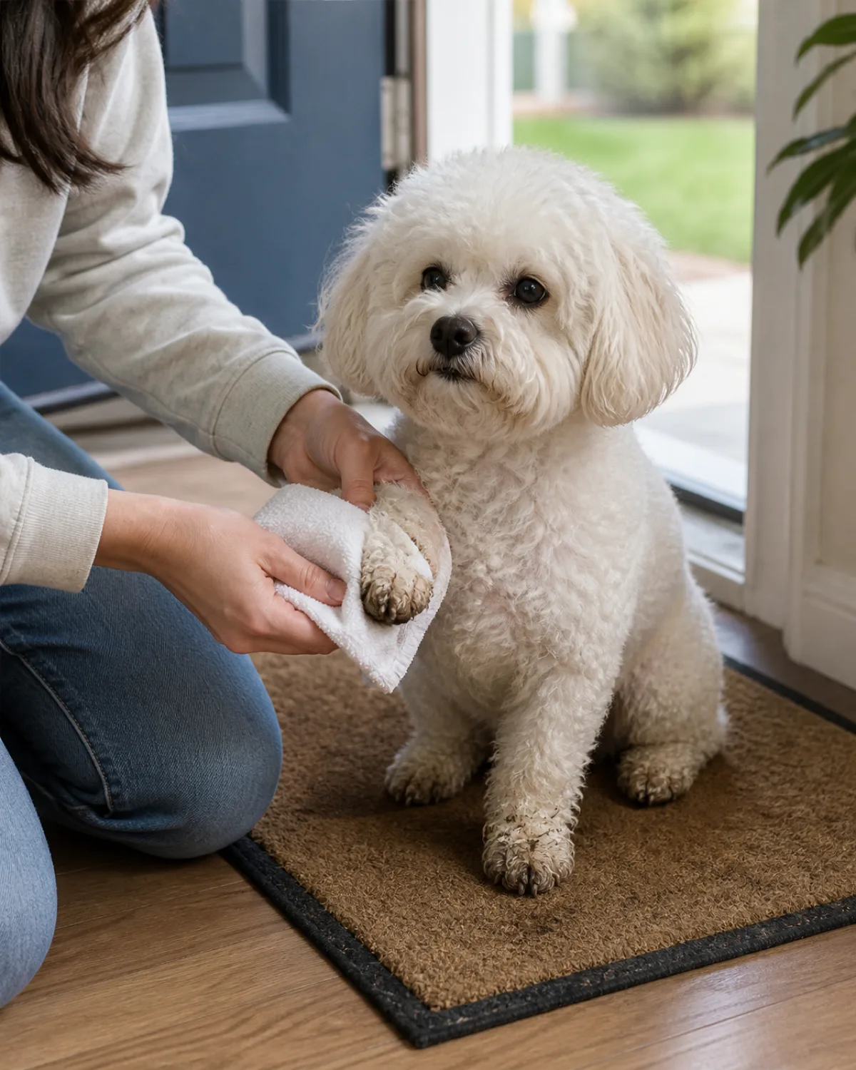 a small cream-white dog with a fluffy coat dark round eyes and a short muzzle sitting on a doormat by a front door while a person kneels and gently wipes one muddy front paw with a white cloth towel the other three paws showing damp mud marks soft indoor light from the open door