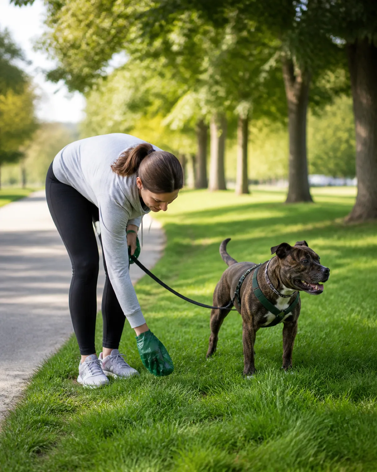 a person bending down on a clean grassy park strip beside a small sturdy brindle dog with a broad head and a short wagging tail using a dark-green poop bag to pick up after the dog the scene shown from a respectful distance bright morning light