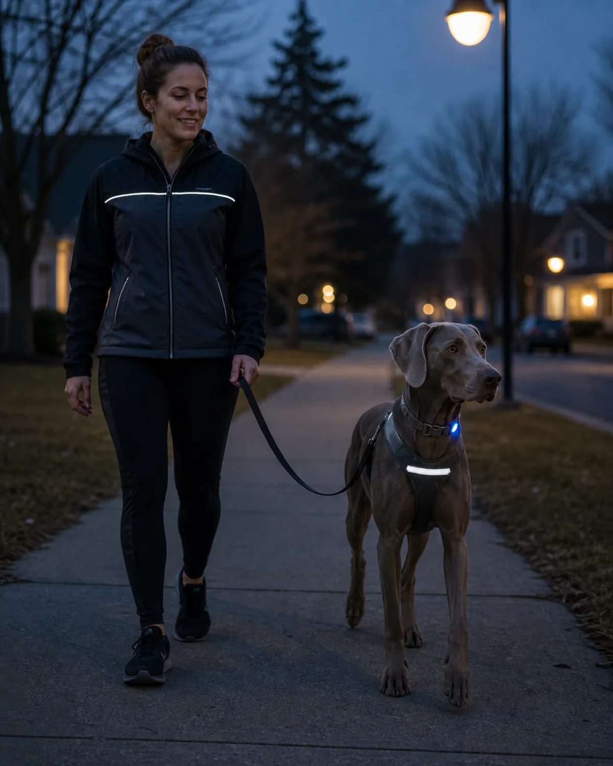a person and a medium grey-blue dog with a sleek short coat amber eyes and long elegant legs walking on a dimly lit residential sidewalk at dusk both wearing reflective bands that catch the light a reflective strip across the dogs harness and a small LED clip glowing on the collar the persons jacket has reflective piping streetlight glow in the background