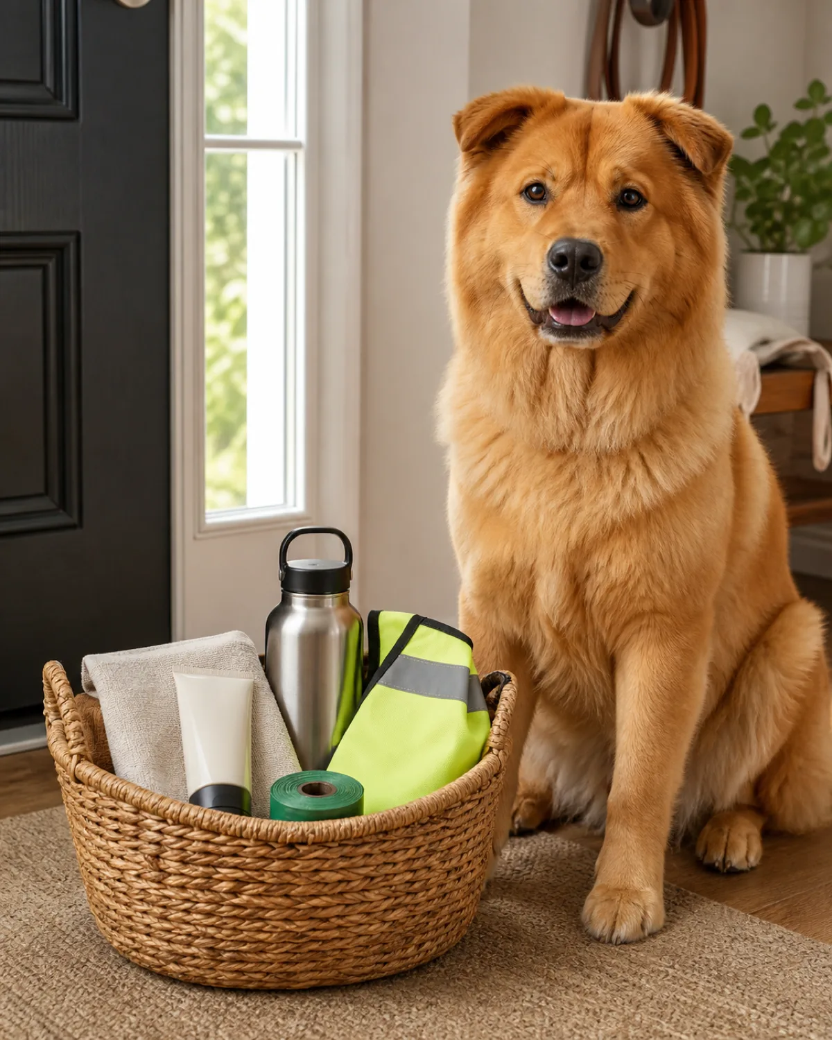 a neatly organized basket near a front door containing different seasonal dog walking items a tube of paw wax a lightweight reflective vest a bottle of water a small towel and an extra poop bag roll a medium dog with a thick tawny-gold double coat and a broad friendly face sitting beside the basket looking at the camera warm indoor light
