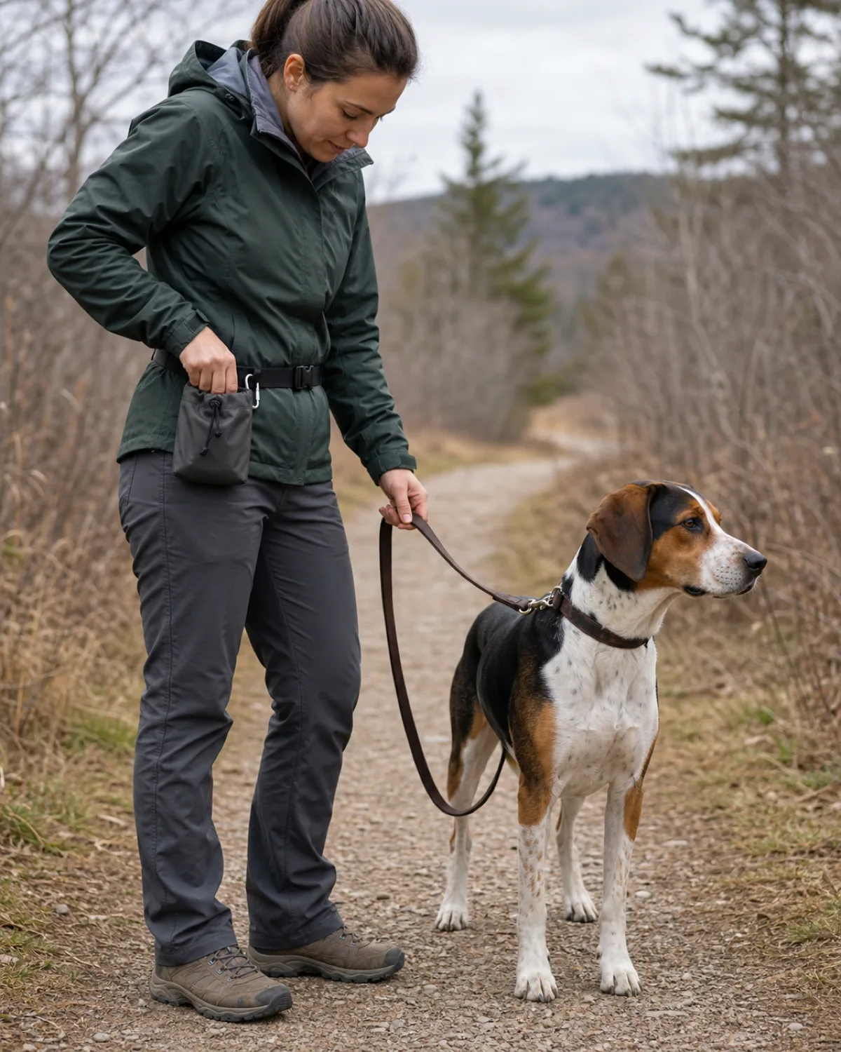 a person standing on a trail path reaching into a small waterproof drawstring bag clipped to their belt a medium tricolor dog with a smooth coat standing beside them on a loose leash looking ahead at the trail overcast soft light