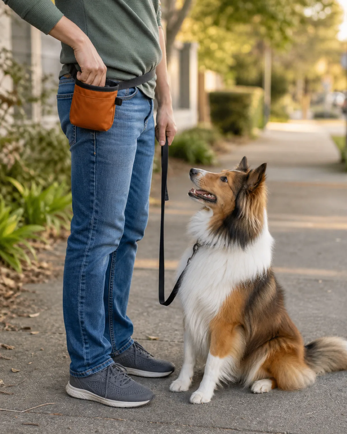 a medium fluffy sable-and-white dog with a plume tail wedge face and erect ears sitting on a sidewalk looking up eagerly at a persons waist where an orange treat pouch is clipped to a belt the person reaching into the pouch with one hand warm afternoon light