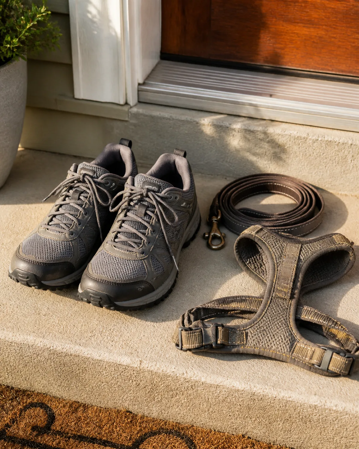a pair of sturdy trail-running shoes placed neatly on a doorstep next to a coiled leash and a harness warm morning light on the front step