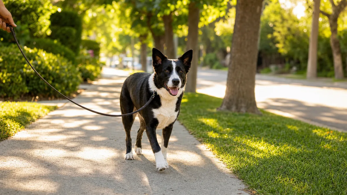 a medium athletic dog with a black-and-white coat and semi-erect ears walking happily on a tree-lined suburban sidewalk in golden morning light on a loose leash