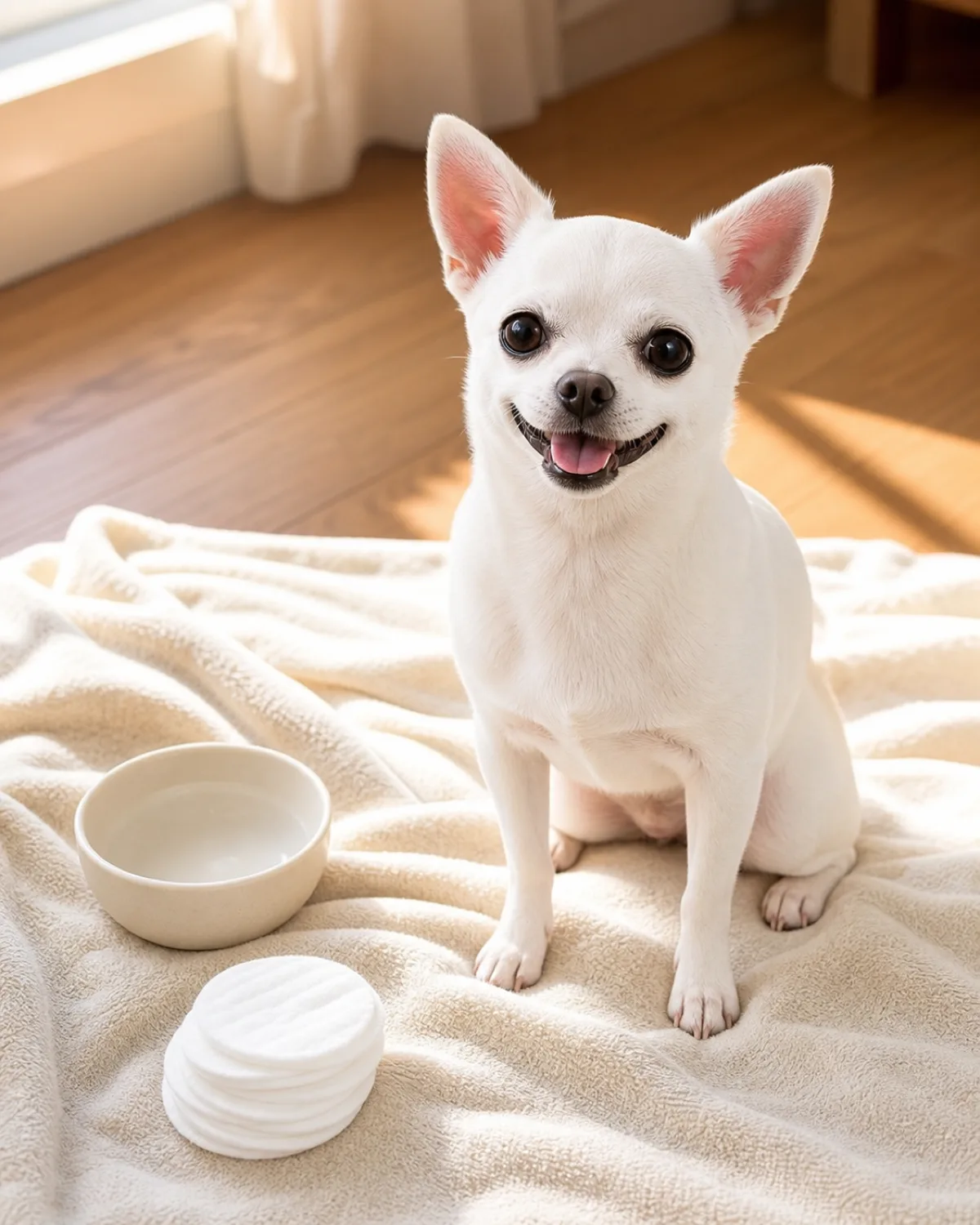 a small dog with a pure-white smooth coat large dark eyes with the area below both eyes looking clean and bright small semi-erect ears sitting on a cream blanket on a wooden floor in warm morning light with soft cotton pads and a ceramic bowl nearby