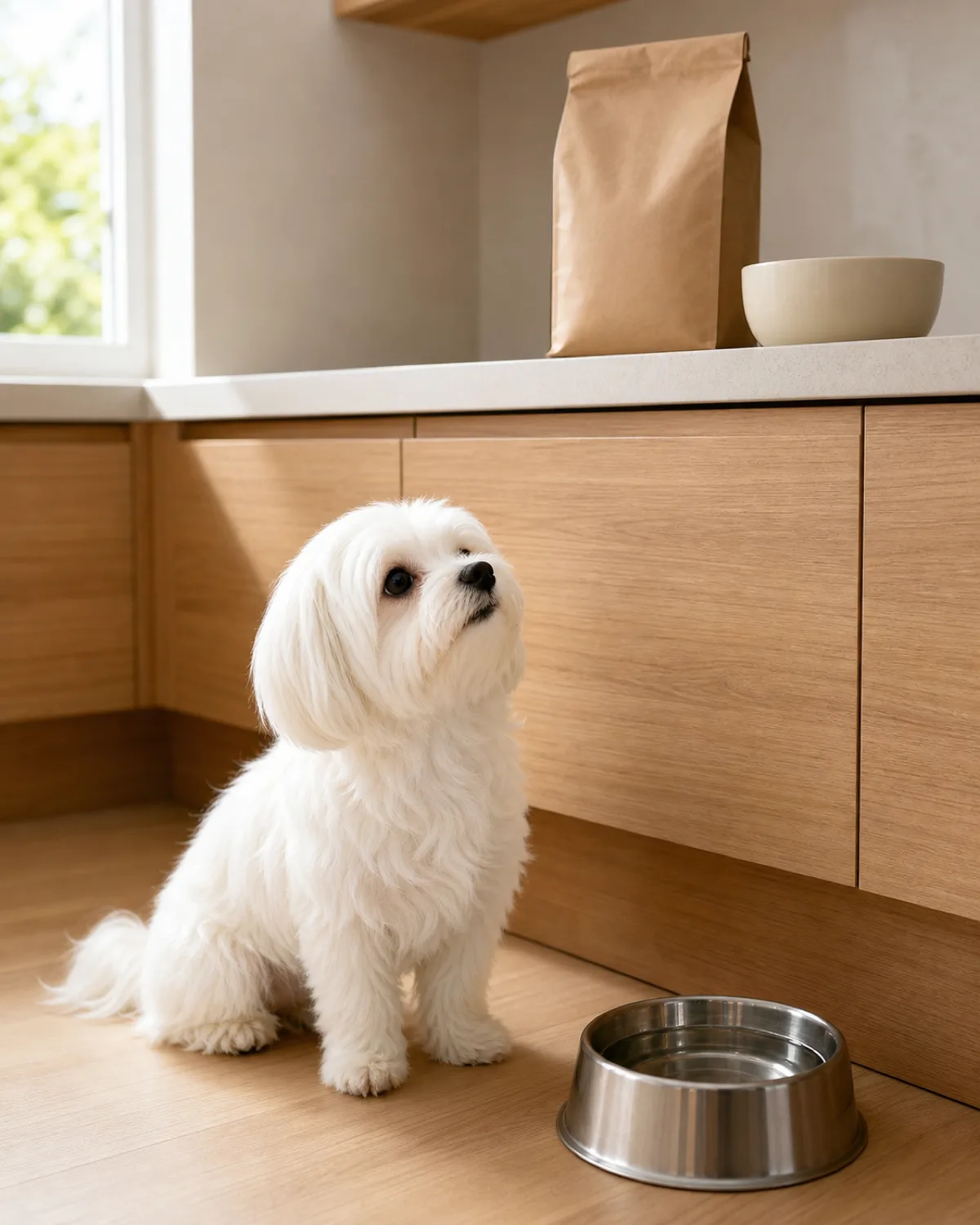 a small dog with a snow-white straight silky coat parted down the middle dark round eyes and tiny floppy ears sitting on a kitchen floor beside a stainless steel water bowl filled with clear filtered water