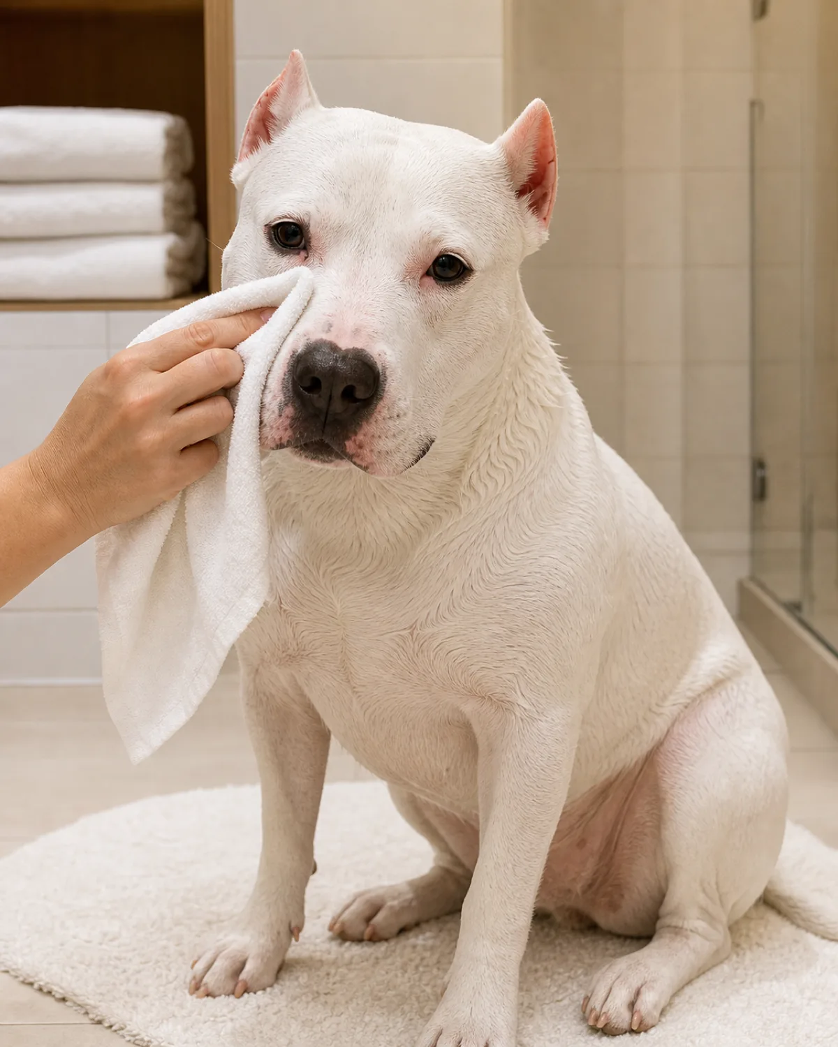 a large dog with a solid white short dense coat dark almond-shaped eyes rose ears and a muscular build sitting on a bath mat after a bath with a human hand holding a dry white towel gently blotting the area below the dog eye