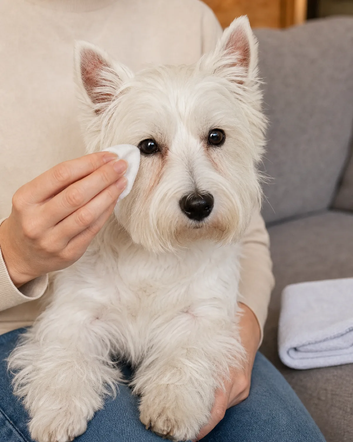 a small dog with a pure-white wiry coat round dark eyes with visible brownish tear tracks below them small erect ears and a beard sitting on a person lap with a human hand holding a dampened cotton gauze pad near the stained area below the dog left eye